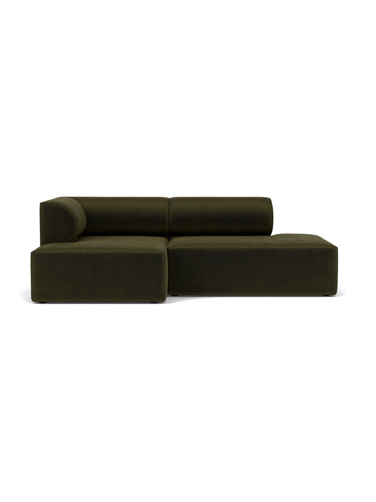 Front view of the Eave Modular Sofa, Configuration 7. The L-shaped, 2.5-seater sofa is upholstered in dark green fabric.