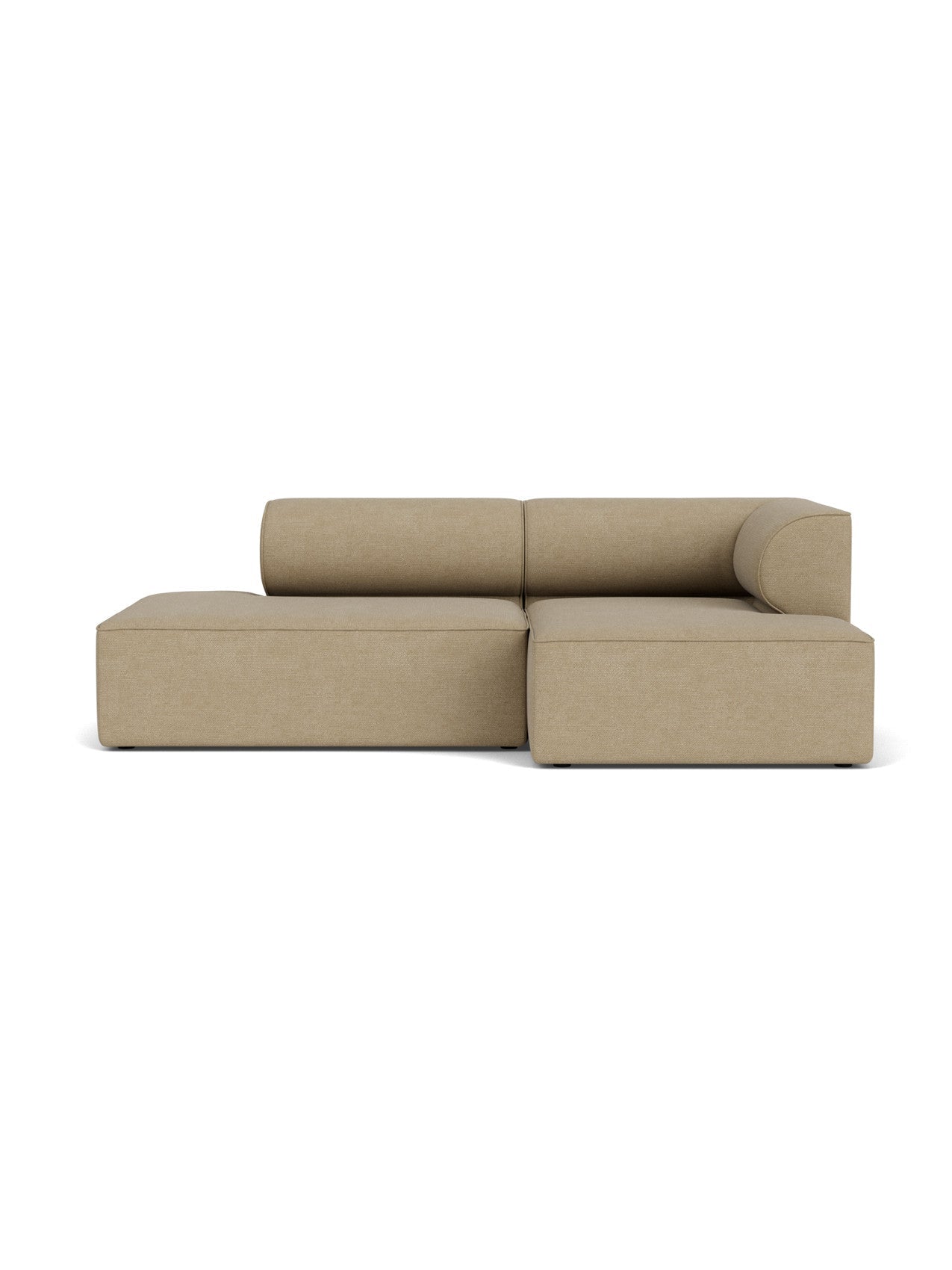 Front view of the Eave Modular Sofa 96, Configuration 8. A 2.5-seater with a right corner, in light beige Bouclé fabric.