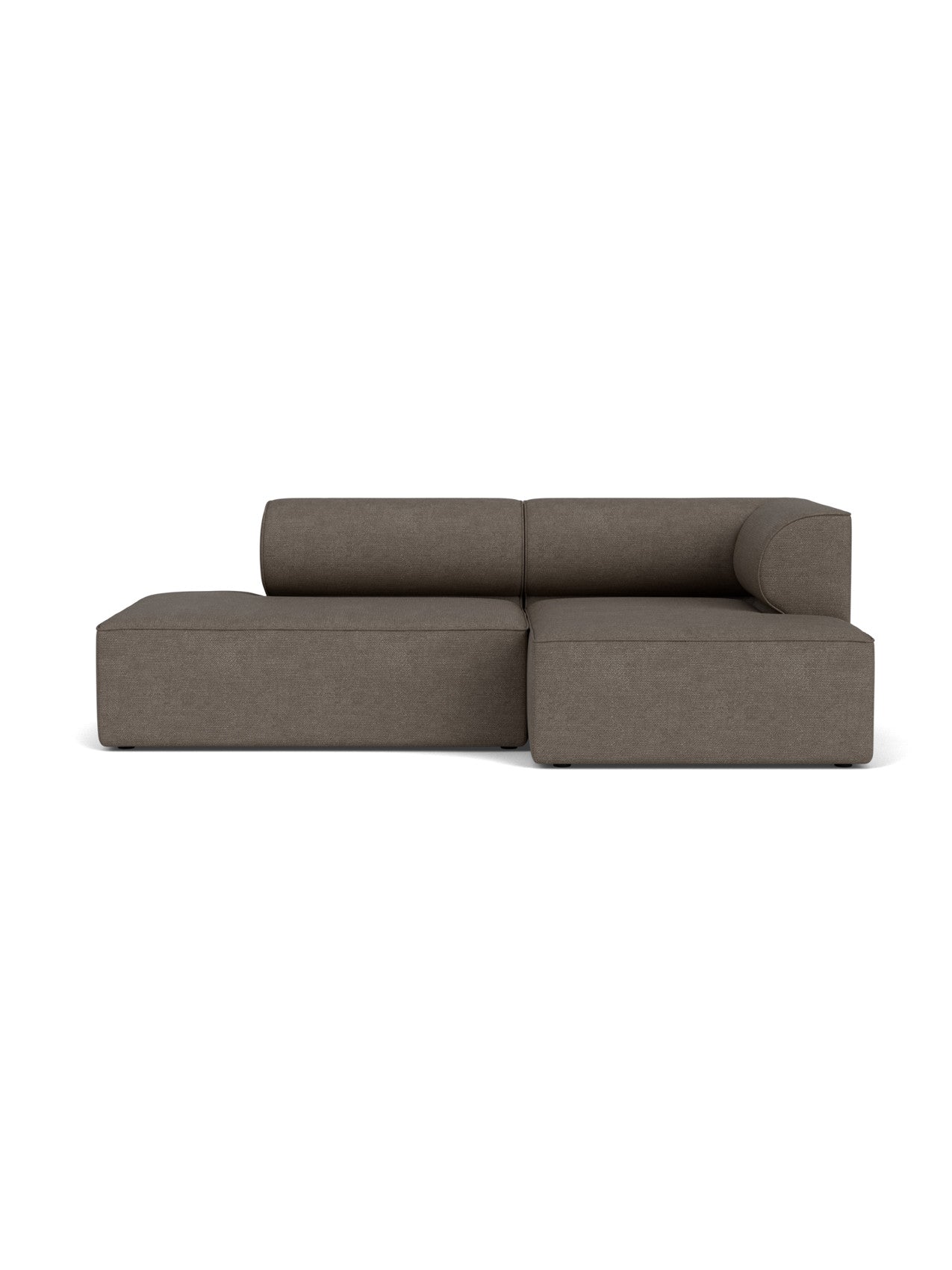 Front view of the Eave Modular Sofa, Configuration 8. The 2.5-seater sofa is upholstered in dark brown Audo Bouclé fabric.