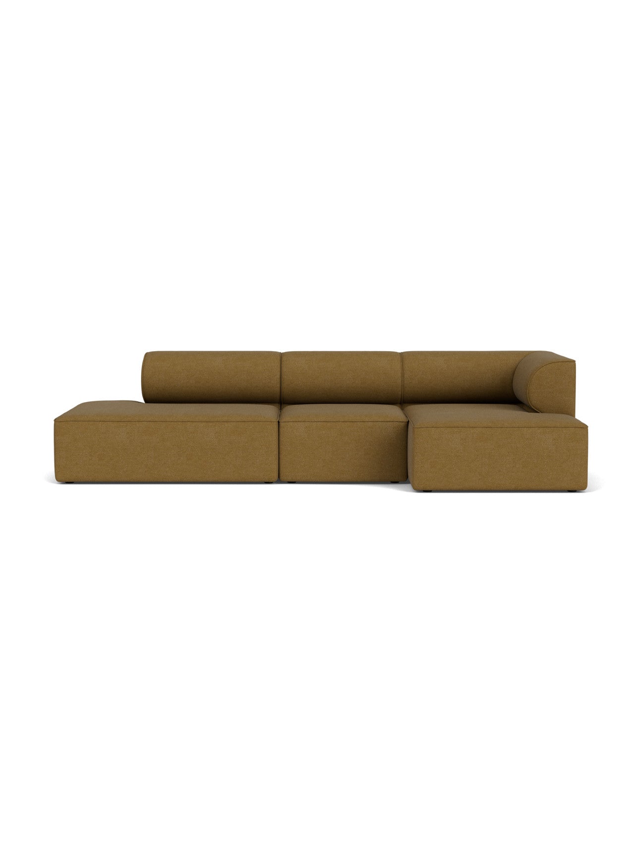 Front view of the Eave Modular Sofa 96, a 3.5-seater in Configuration 9, upholstered in mustard yellow bouclé fabric.