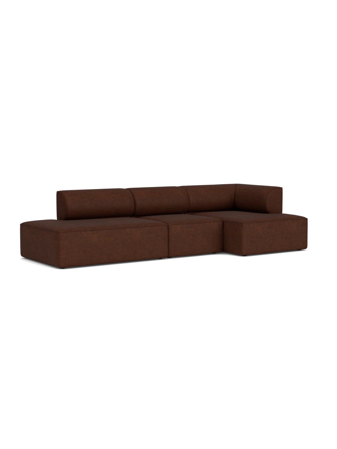 Angled view of the Eave Modular Sofa 96, a 3.5-seater in Configuration 9, upholstered in a textured brown bouclé fabric.