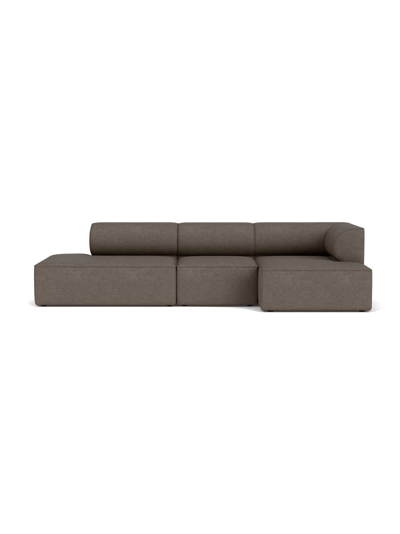 A frontal view of the Eave Modular Sofa 96, Configuration 9. The L-shaped sofa is upholstered in a textured, brownish fabric.