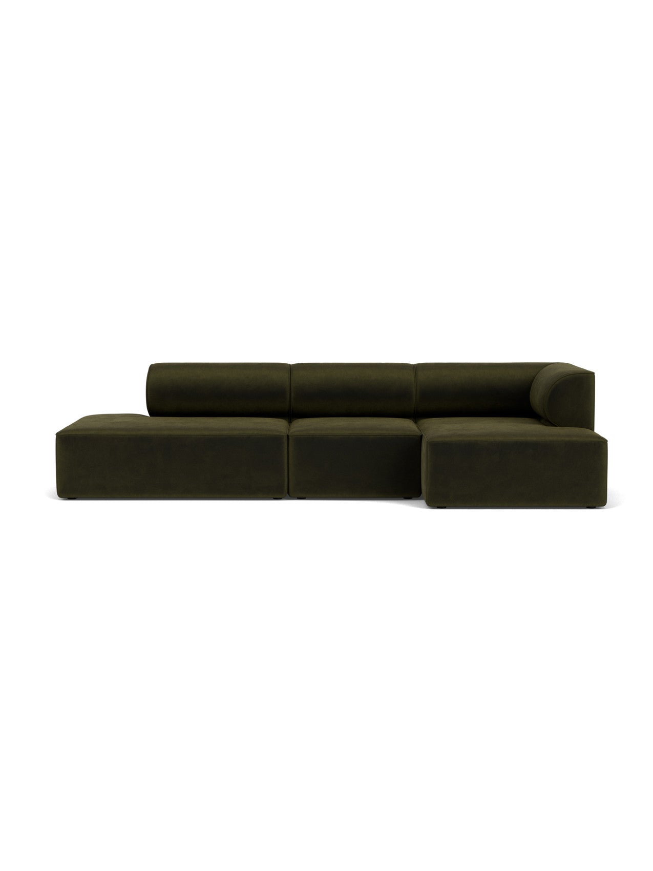 Front view of the Eave Modular Sofa, 96, a 3.5-seater in configuration 9, upholstered in dark olive Champion 035 fabric.