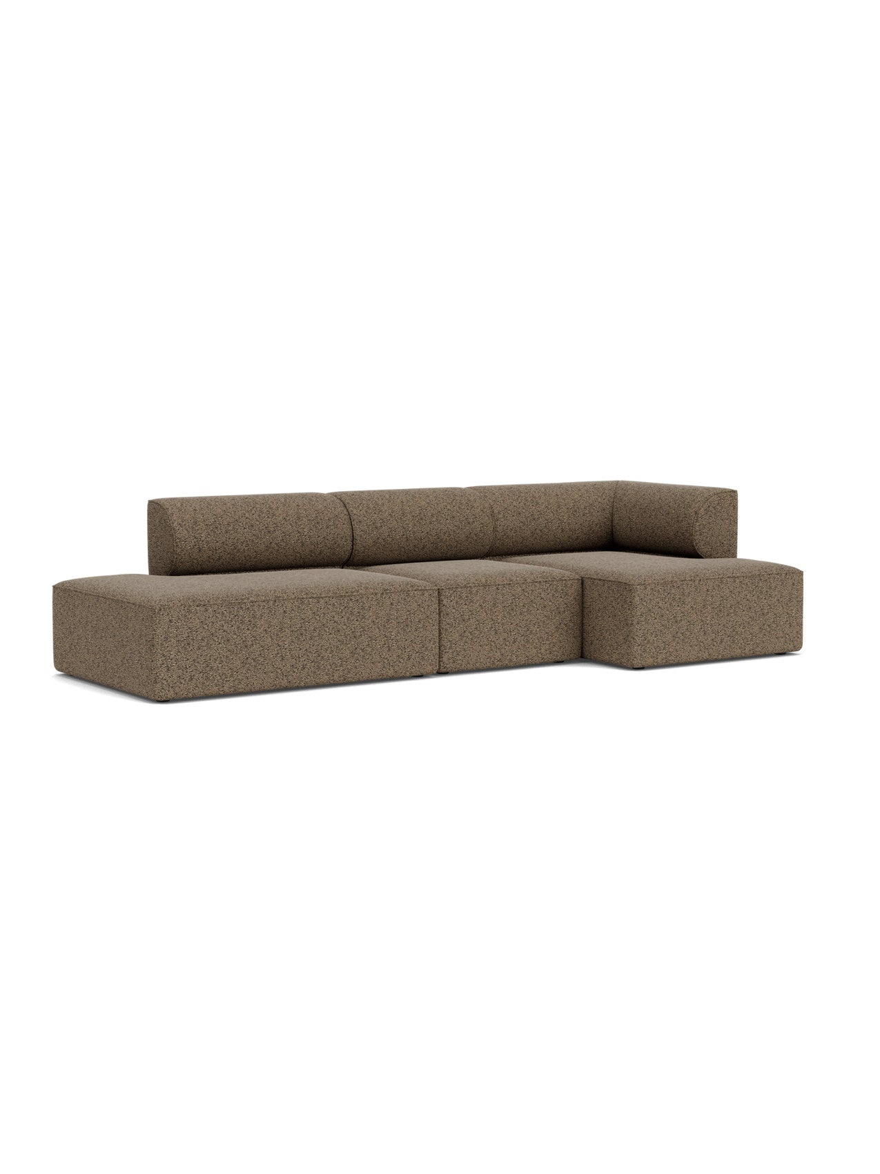 An angled view of the Eave Modular Sofa, 96, 3.5-Seater, Configuration 9, upholstered in a textured brown Safire fabric.