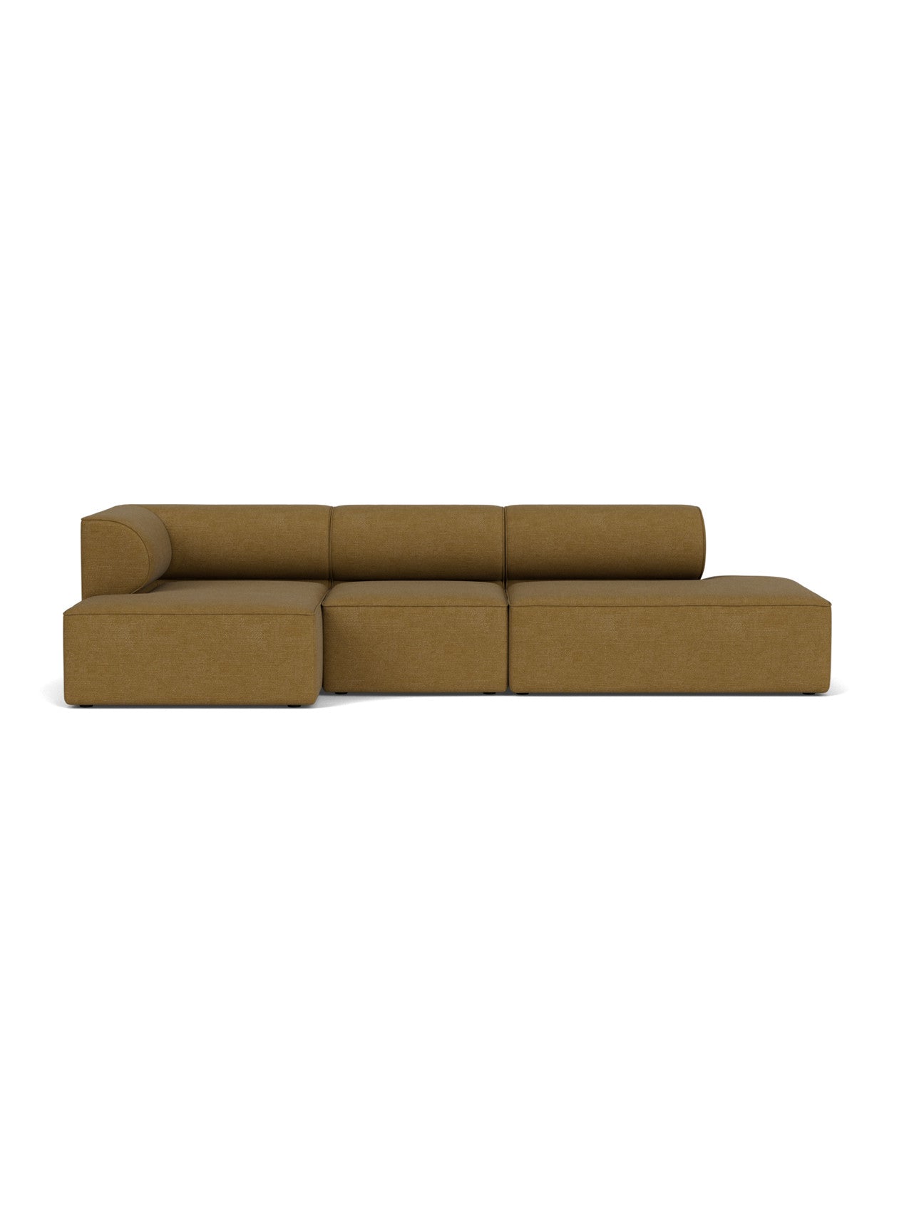 Front view of the Eave Modular Sofa, Configuration 10. The L-shaped sofa is upholstered in a textured brown Boucle fabric.