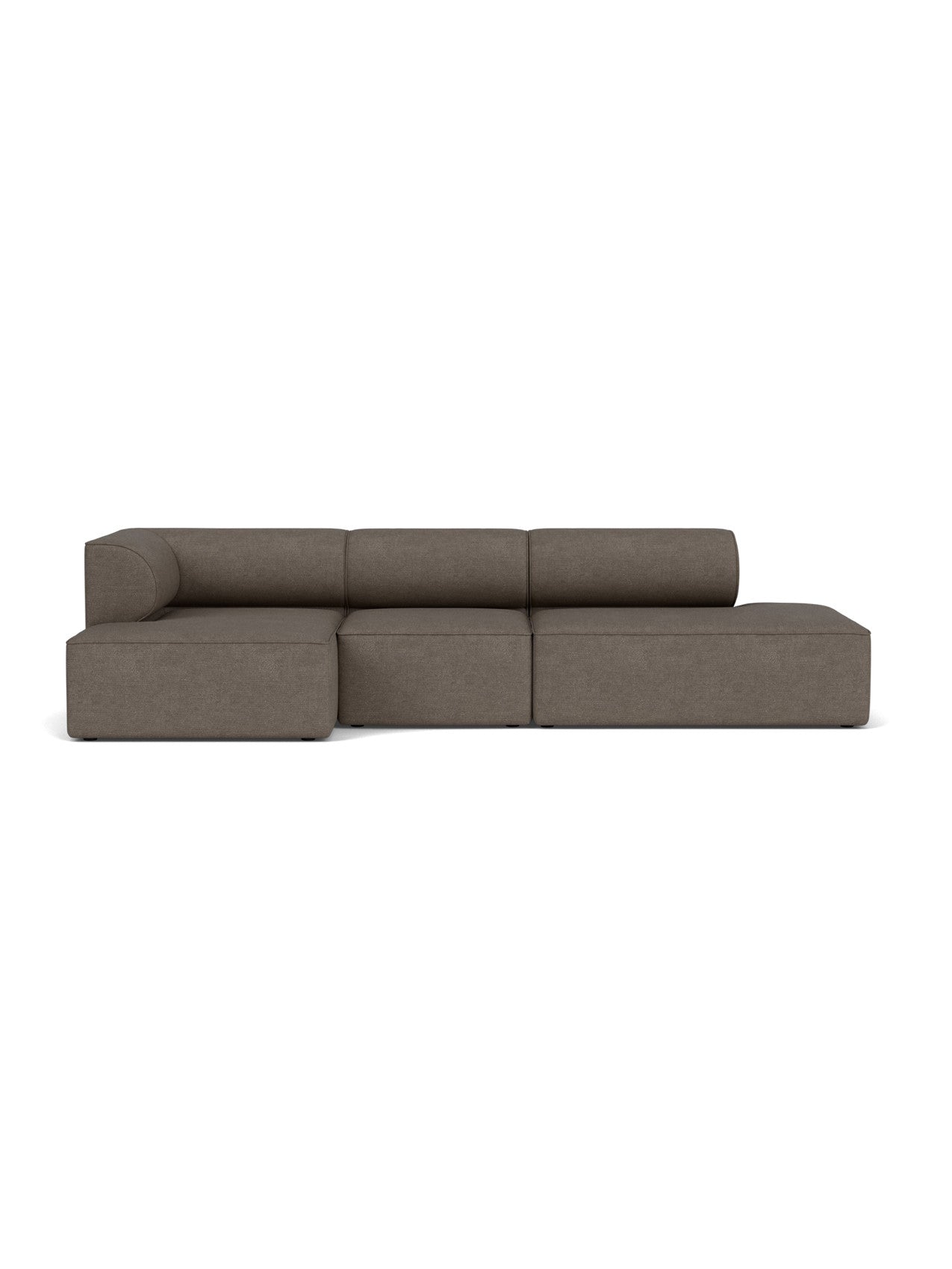 Front view of the L-shaped Eave Modular Sofa, 96, Configuration 10, in brown bouclé fabric on a white background.