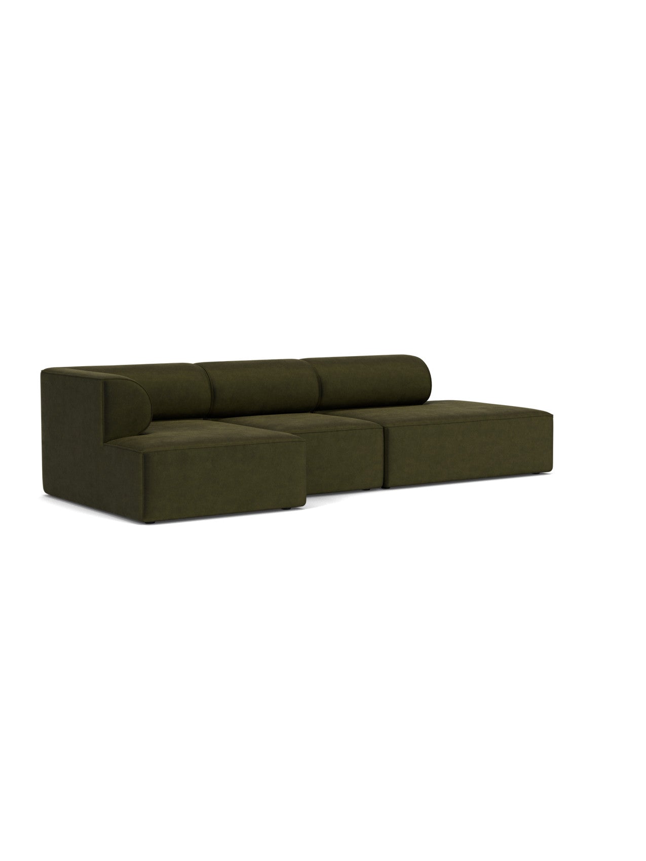 The Eave Modular Sofa, 96, 3.5-Seater, Configuration 10. A low-profile, L-shaped sofa in dark green with a chaise longue.