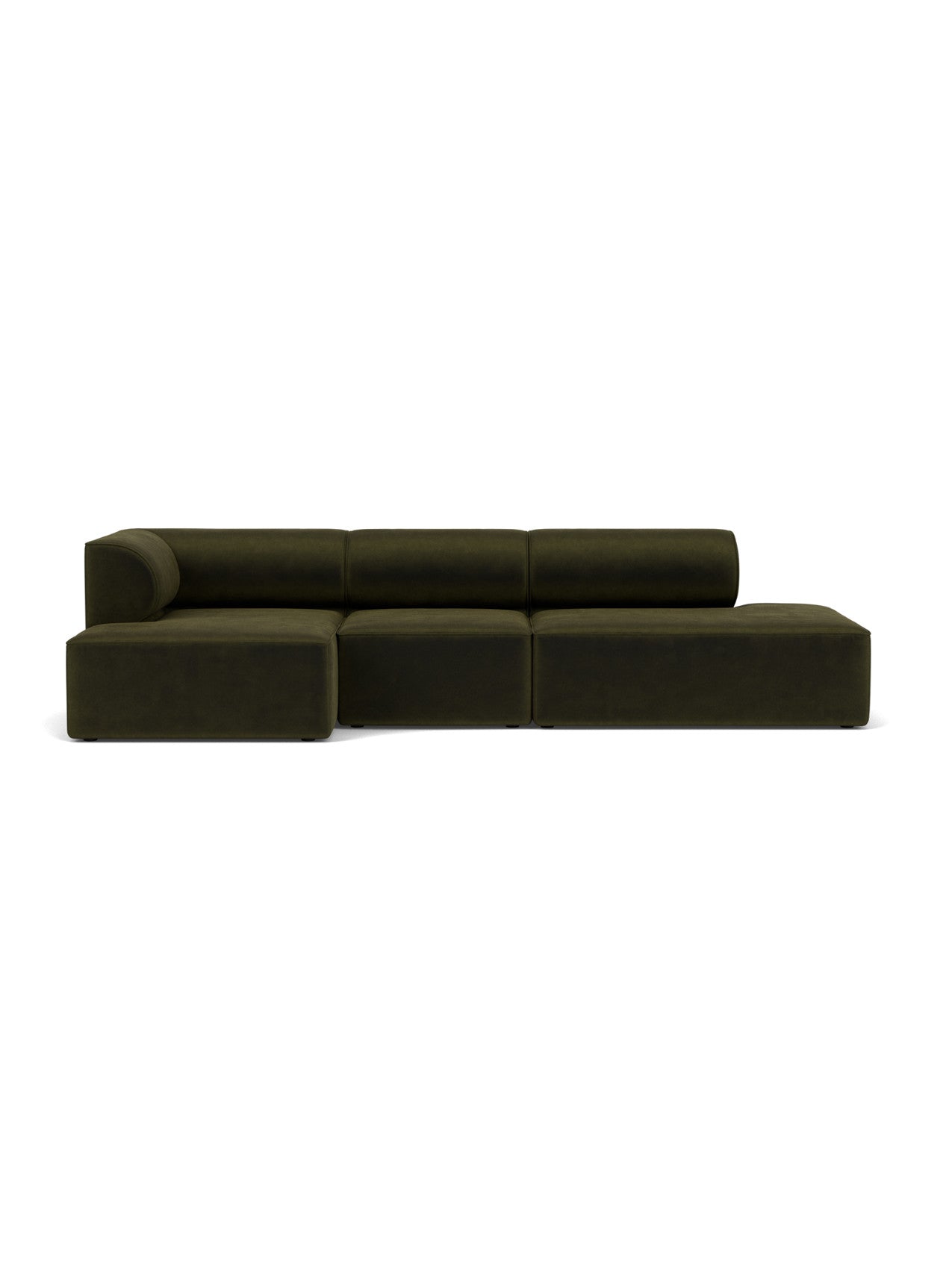 Front view of the Eave Modular Sofa, a 3.5-seater in dark green fabric with a left corner module and a right chaise longue.