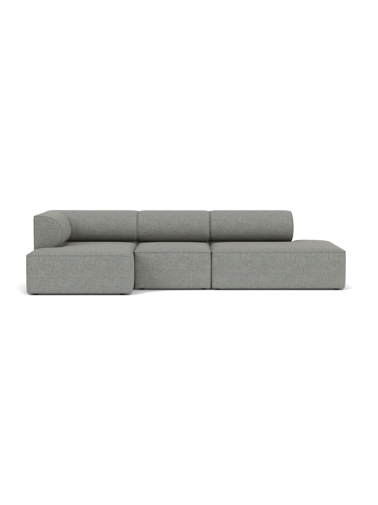 A front-on view of the Eave Modular Sofa, 96, Configuration 10. The large L-shaped sofa is in a light grey Safire fabric.