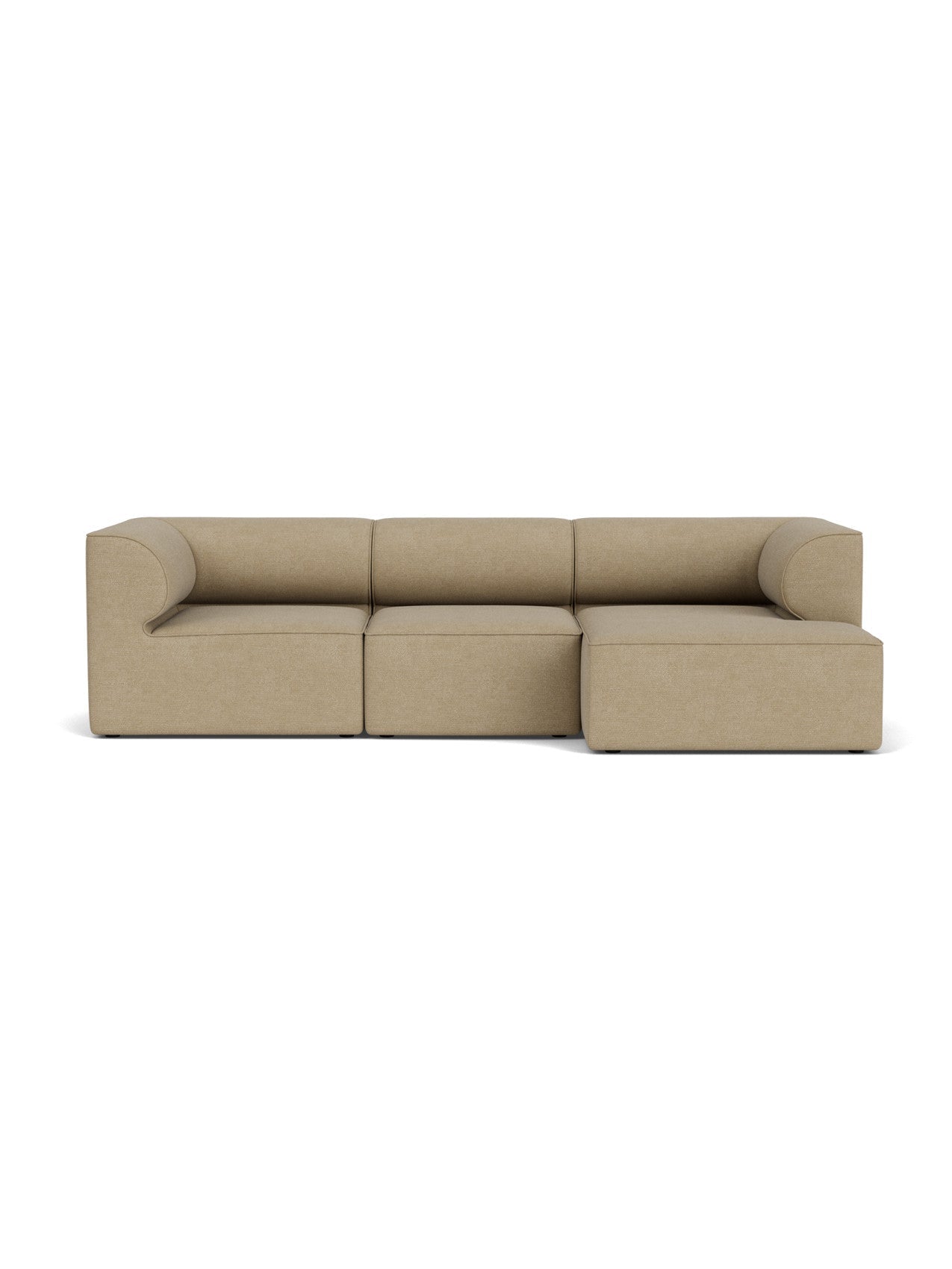 Front view of the Eave Modular Sofa, 96, Configuration 11. A 3-seater with a right chaise lounge in light brown bouclé.