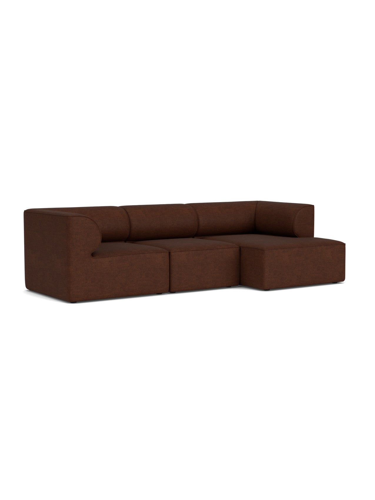 Angled view of the Eave Modular Sofa, 96, Configuration 11, a 3-seater with a right chaise longue in brown Bouclé fabric.