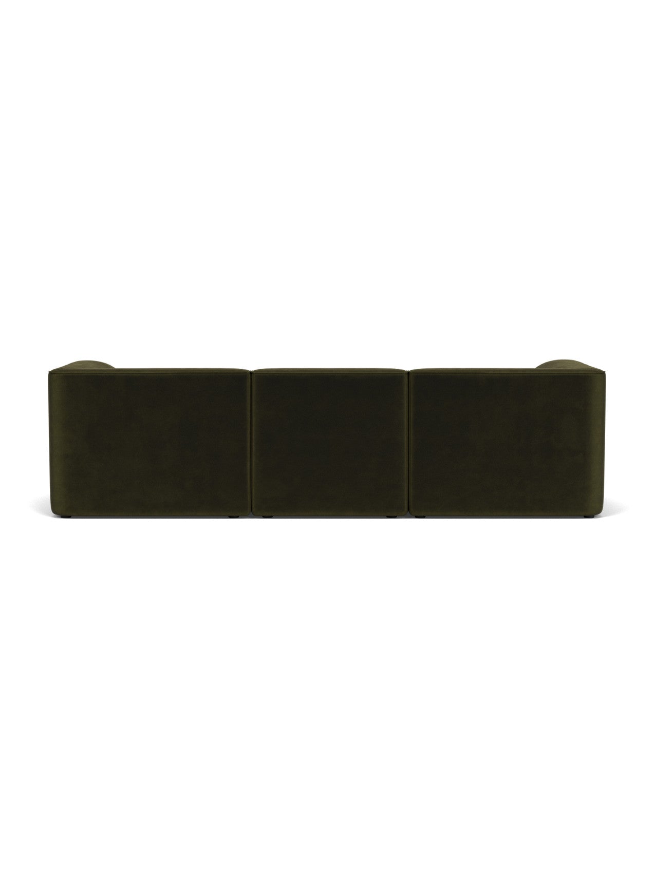 The back of the Eave Modular Sofa, 96, in dark green Champion fabric, showing its low profile and three-part construction.