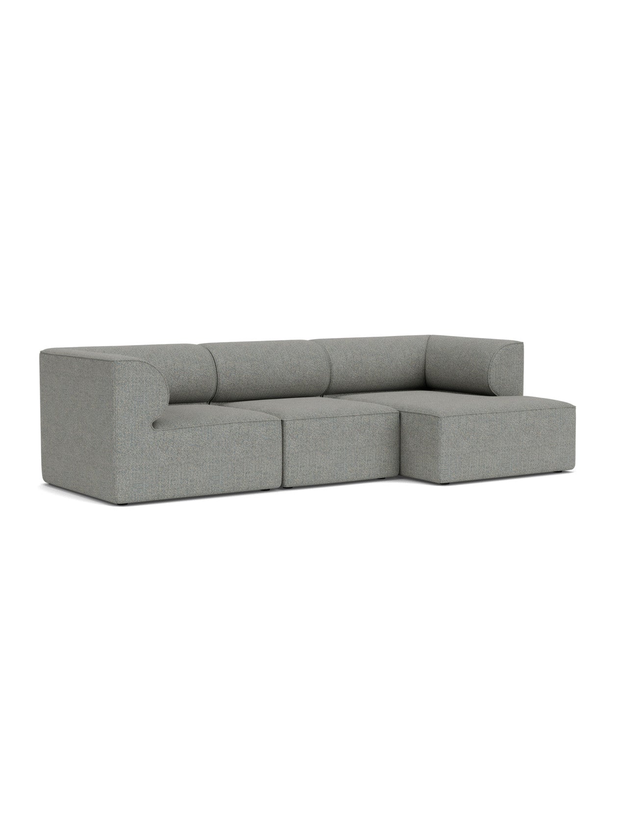 An angled, eye-level studio shot of the Eave Modular Sofa, 3-seater, Configuration 11, in a textured grey Safire fabric.