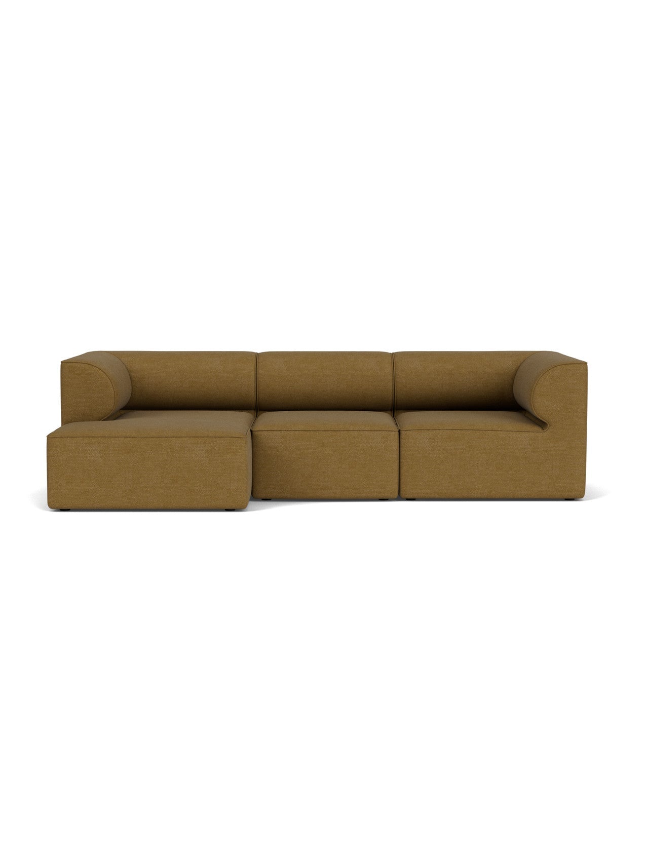 Front view of the Eave Modular Sofa, a 3-seater L-shaped couch in golden-brown bouclé, with a chaise longue on the left.