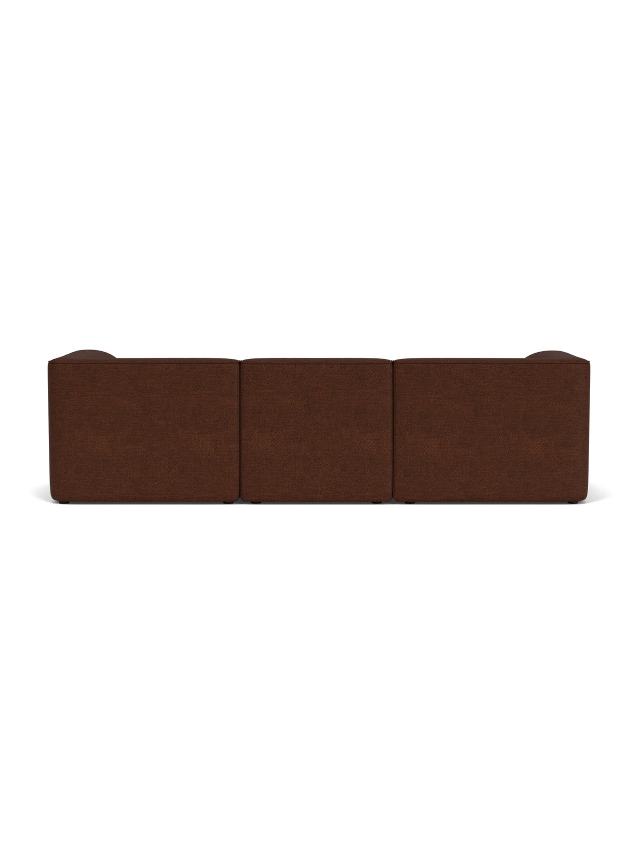 Back view of the Eave Modular Sofa, 96, Configuration 12. The three-seater is upholstered in a dark brown Bouclé 08 fabric.