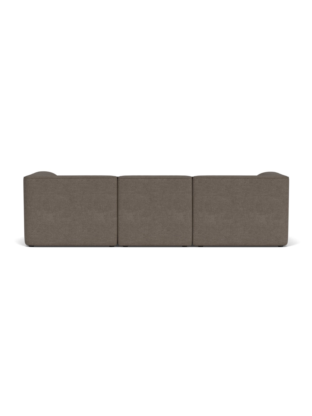 Back view of the Eave Modular Sofa, 96, Configuration 12, a three-seater upholstered in dark brown Audo Bouclé 16 fabric.