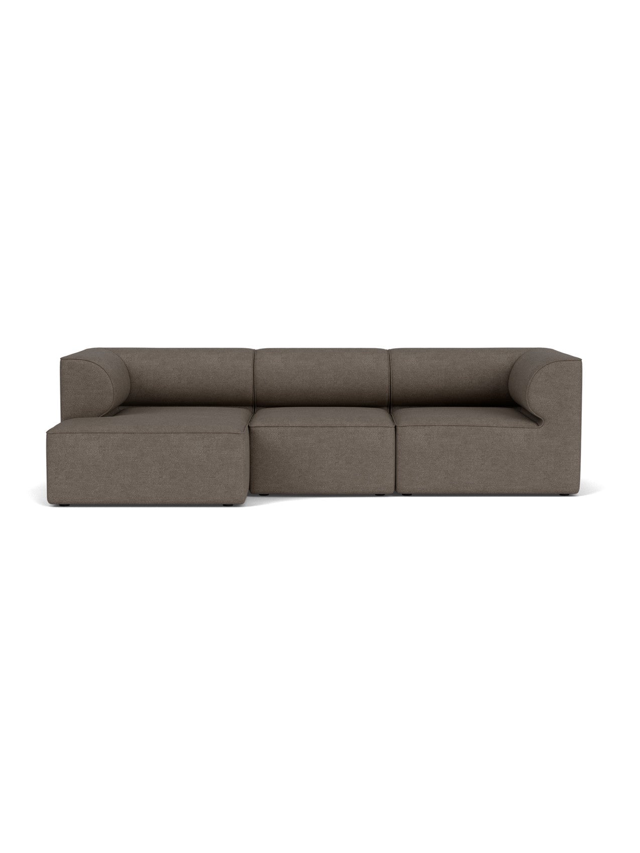 Front view of the Eave Modular Sofa, a 3-seater in a dark brown bouclé fabric, configured with a chaise longue on the left.