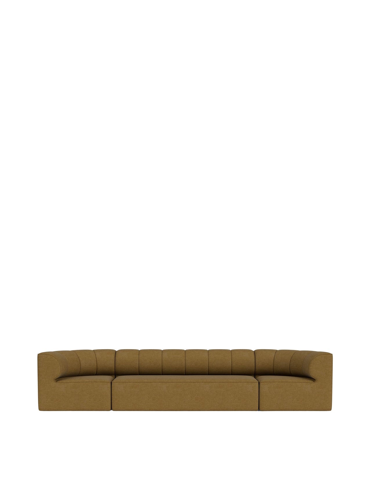 Front view of the low-profile Eave Seamline Modular Sofa 86 in a brownish-yellow fabric with vertical seam detailing.