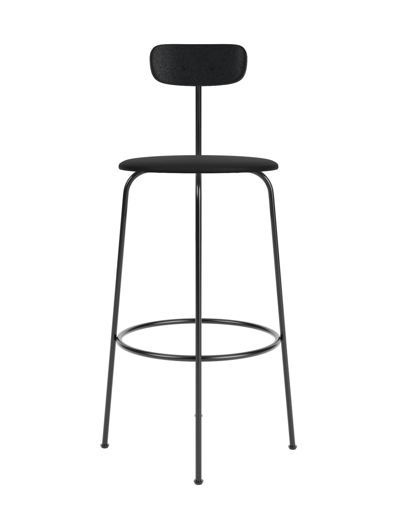 Front-on view of the Afteroom Bar Chair, Seat Upholstered, in black with a minimalist steel frame and a low backrest.