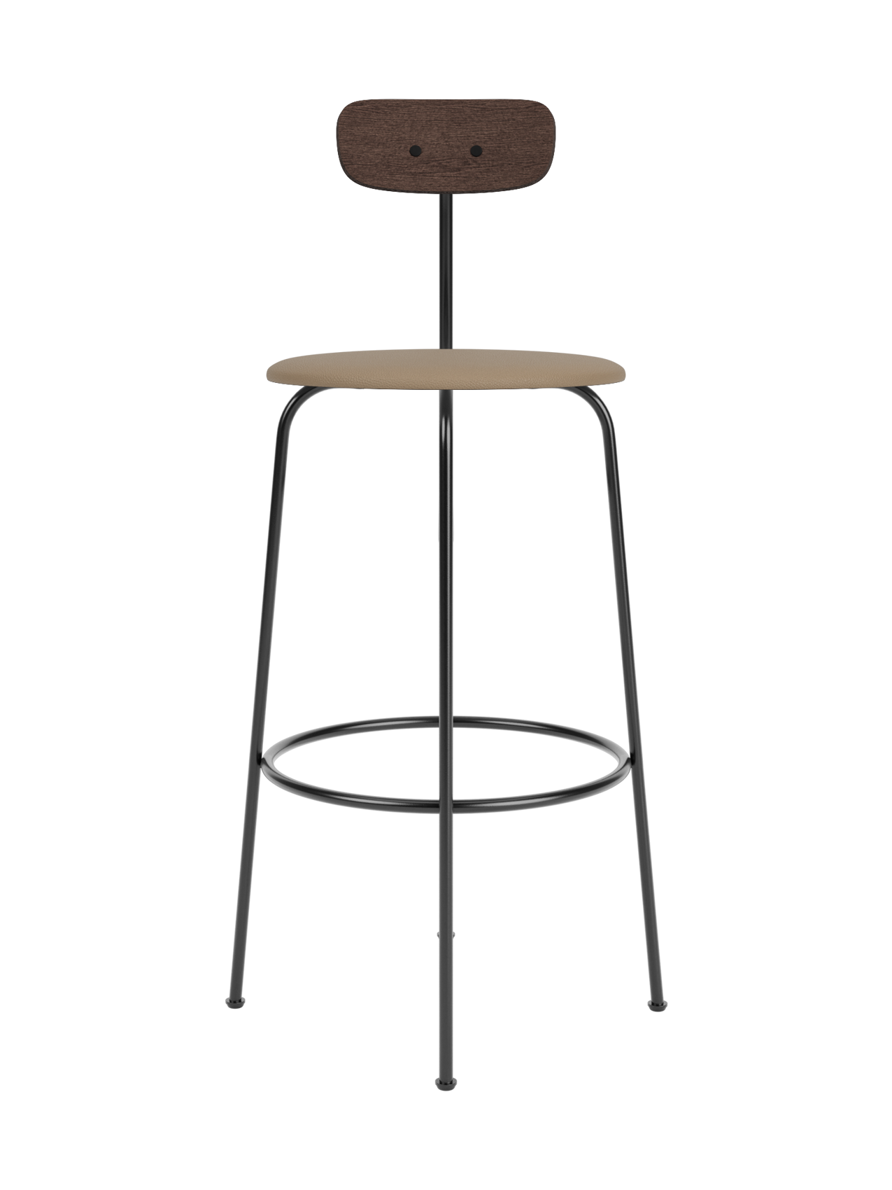 Front view of the Afteroom Bar Chair with a dark wood backrest, a beige upholstered seat, and a slender black steel frame.