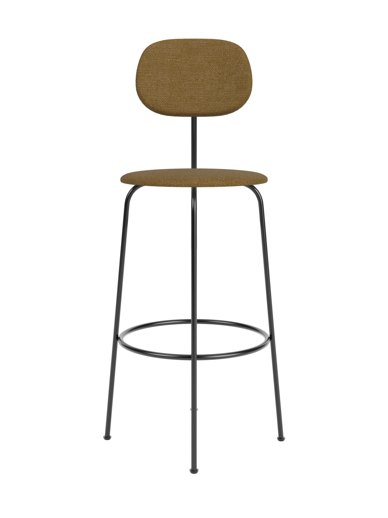 Front view of the Afteroom Bar Chair Plus, fully upholstered in a brown textured fabric with a slender black metal frame.