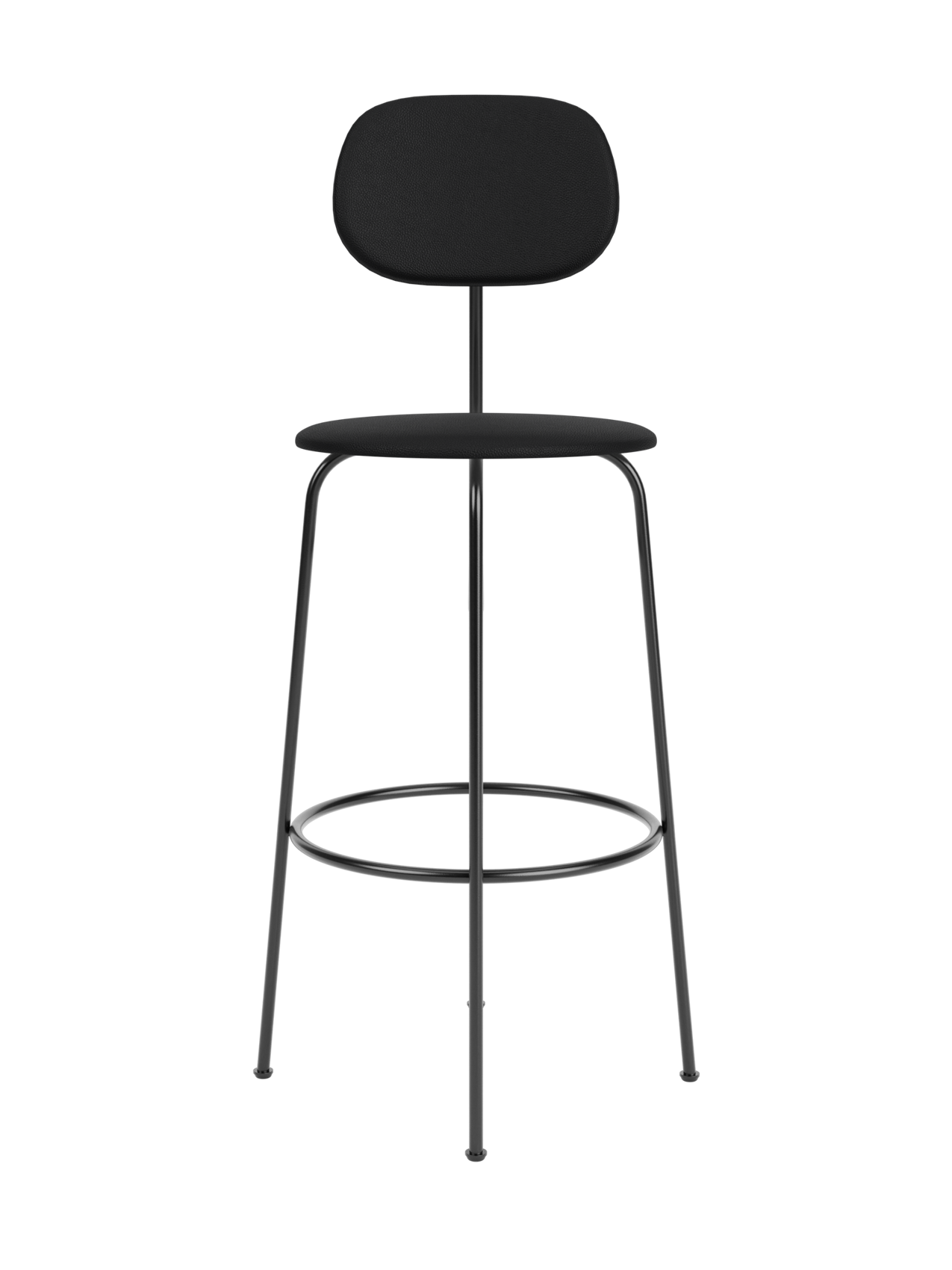 The black Afteroom Bar Chair Plus, Fully Upholstered, front view. It has a slim metal frame, round seat, and oval back.