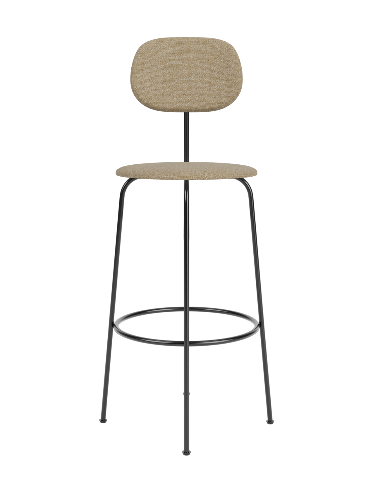 Front view of the Afteroom Bar Chair Plus, Fully Upholstered, with beige upholstered seat and back on a black metal frame.