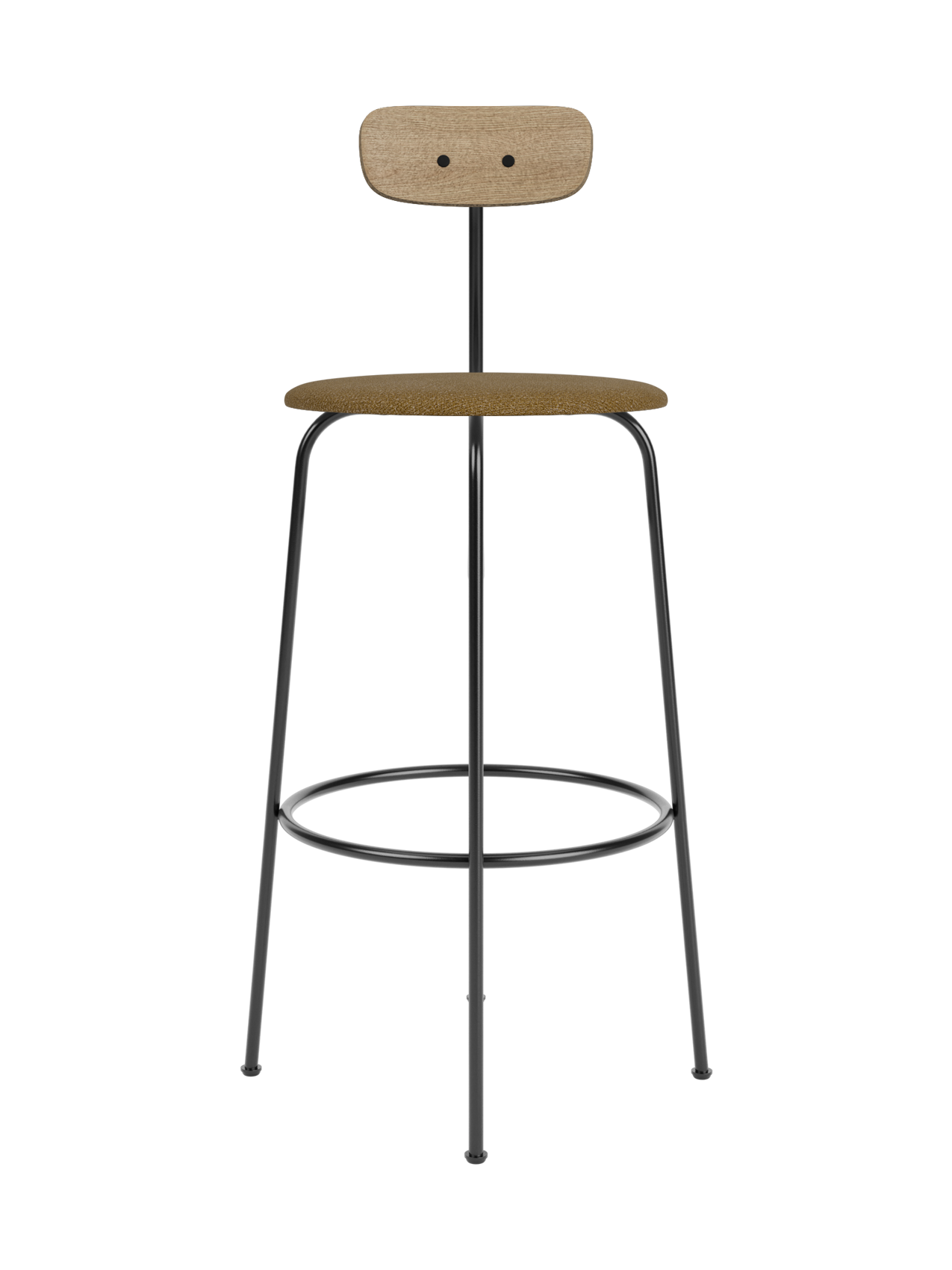 Front view of the Afteroom Bar Chair with a natural oak backrest, a brown upholstered seat, and a slim black steel frame.