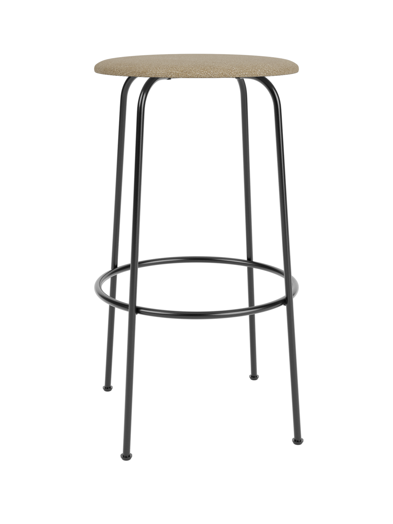 Front view of the Afteroom Bar Stool, featuring a round upholstered seat in beige bouclé atop a slim, black steel frame.
