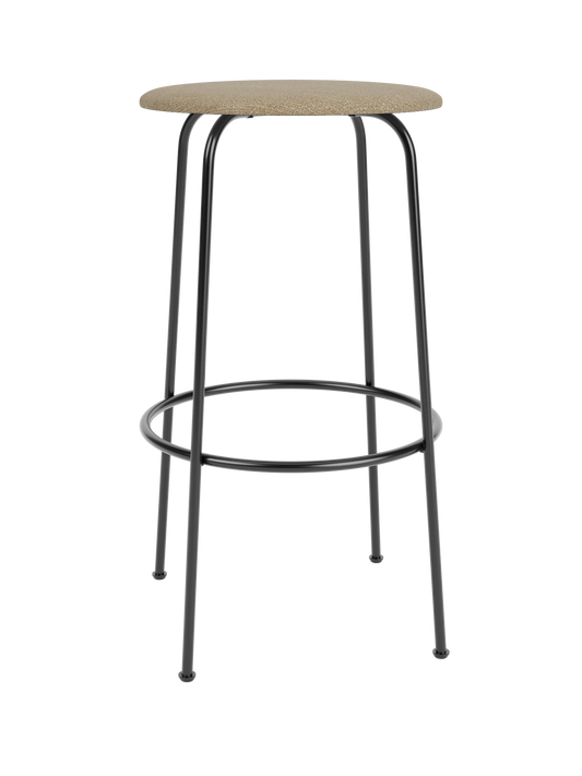 Front view of the Afteroom Bar Stool, featuring a round upholstered seat in beige bouclé atop a slim, black steel frame.