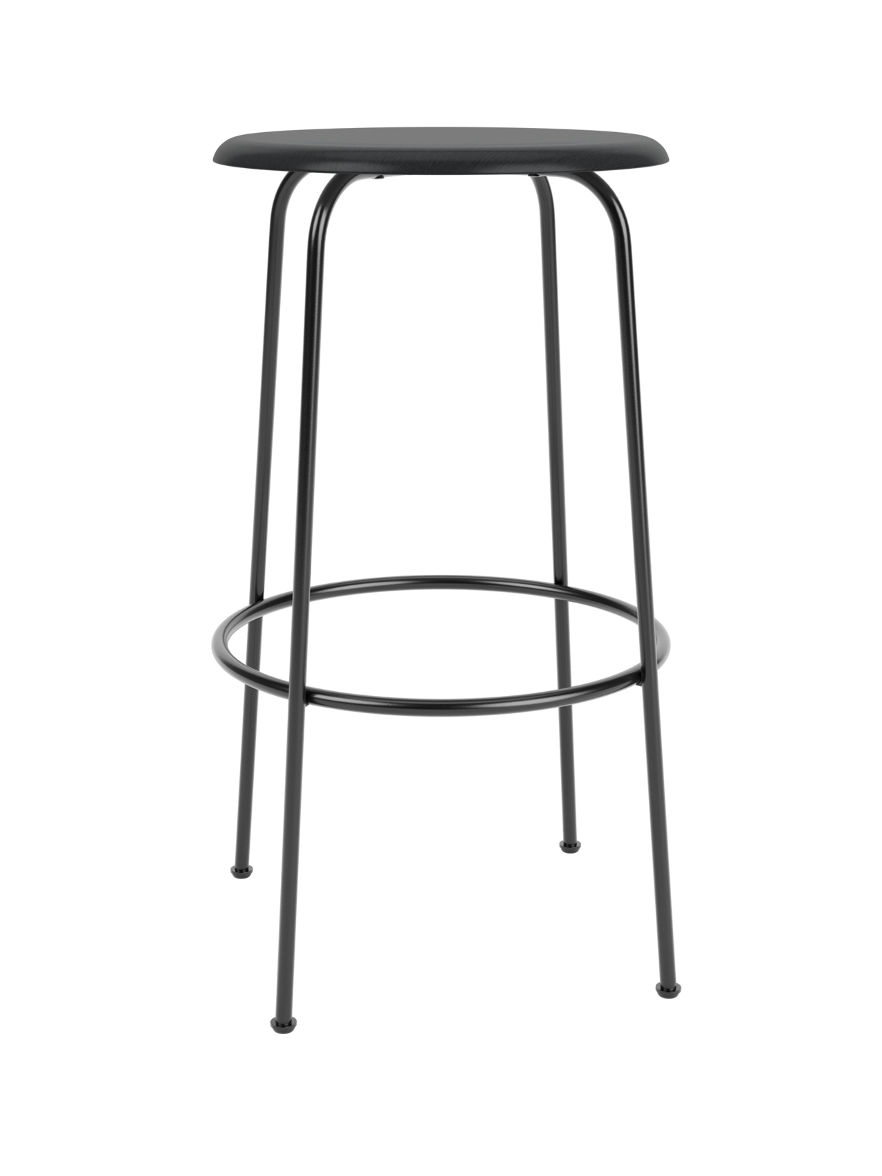 Front view of the Afteroom Bar Stool, Veneer, with a black painted oak seat and a slender black powder-coated steel frame.
