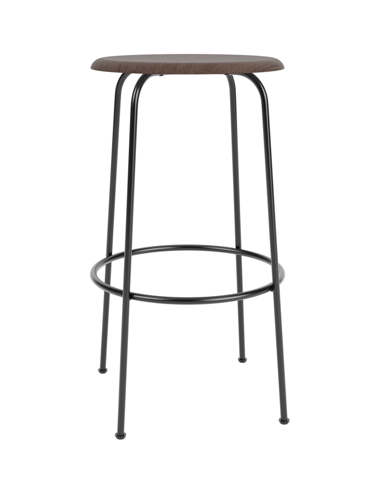 Front view of the Afteroom Bar Stool in dark stained oak veneer with a minimalist four-legged black steel frame and footrest.