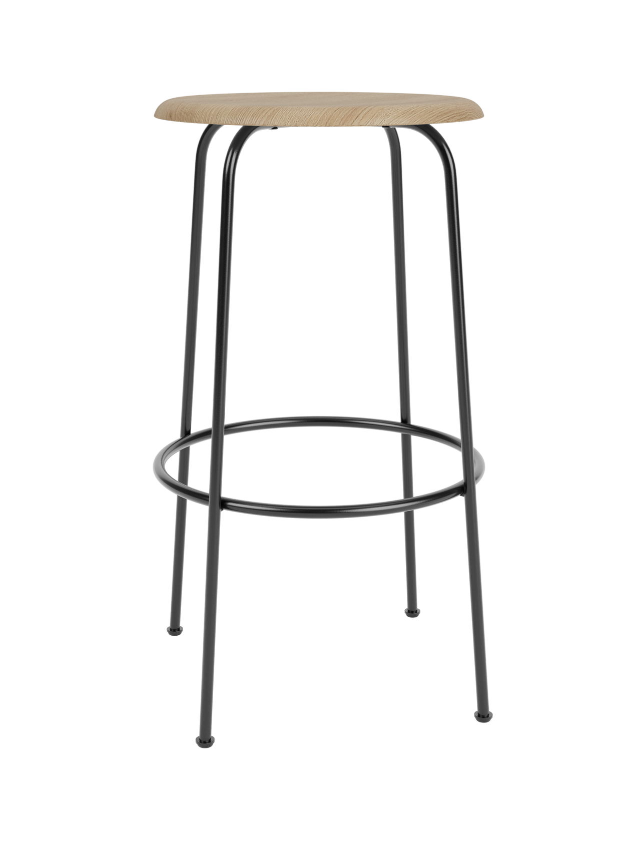 The Afteroom Bar Stool, Veneer, in Natural Oak, featuring a round wooden seat and a slender black powder-coated steel frame.