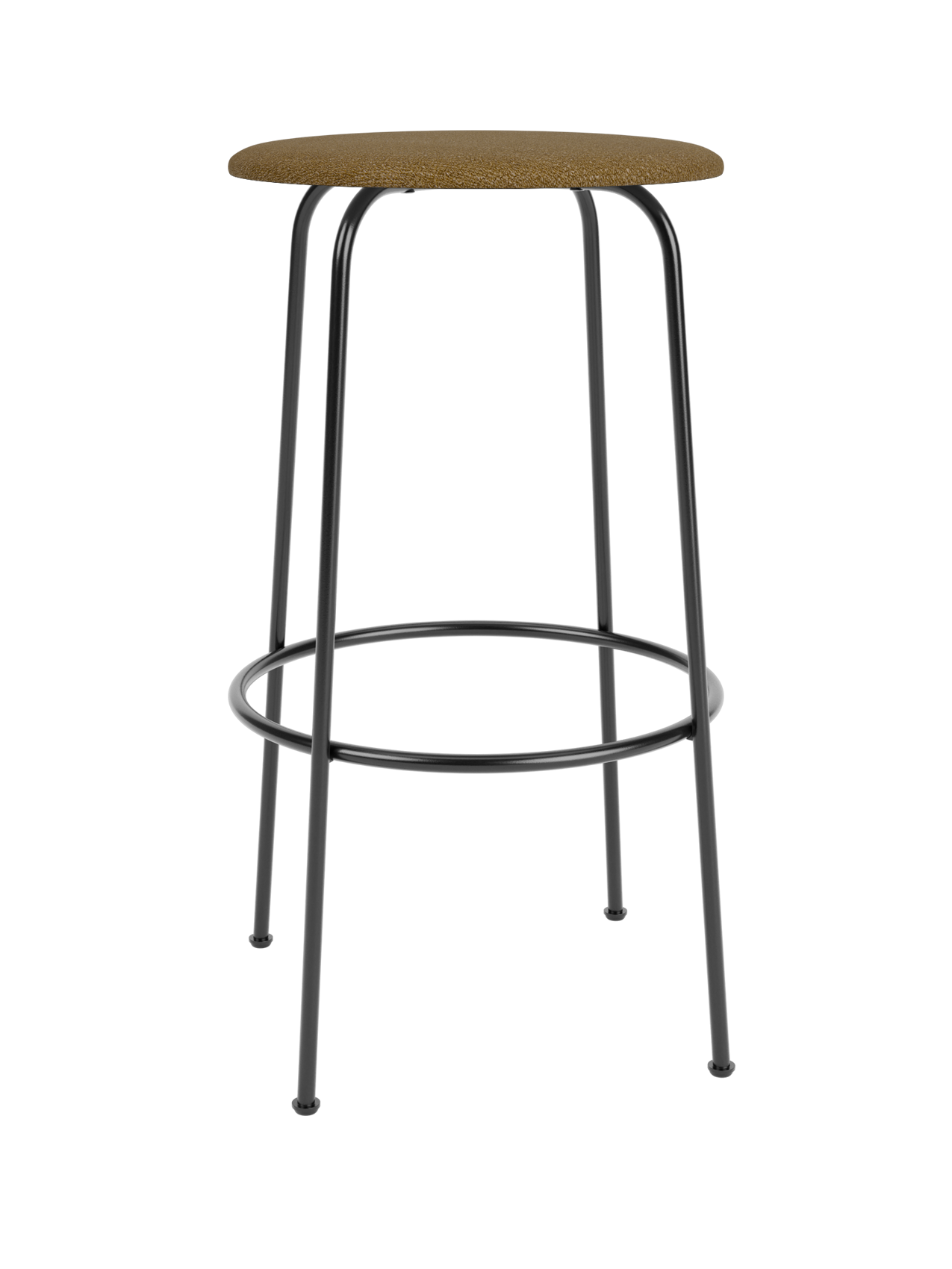 Front view of the Afteroom Bar Stool with a round, brown bouclé upholstered seat on a black powder-coated steel frame.