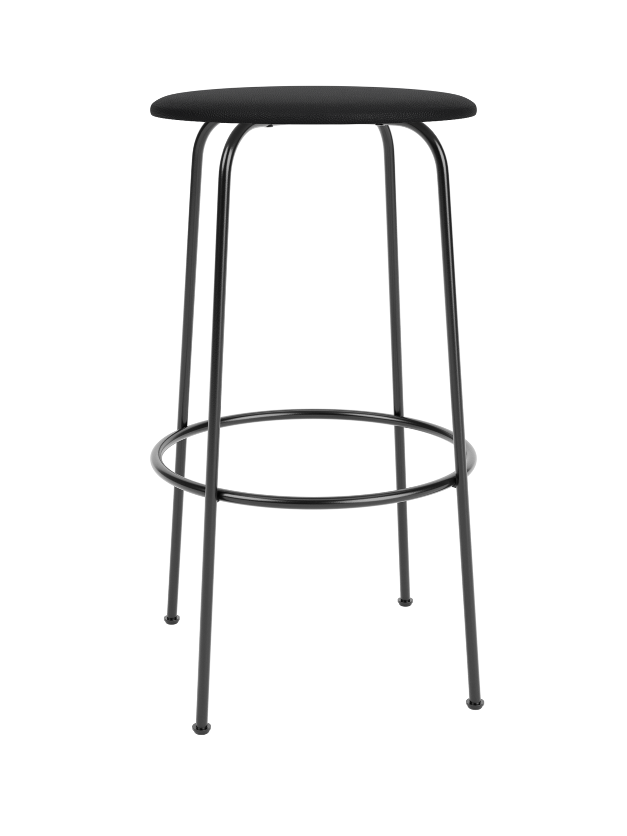 Front view of the Afteroom Bar Stool with a black leather upholstered seat and a black powder-coated steel frame.