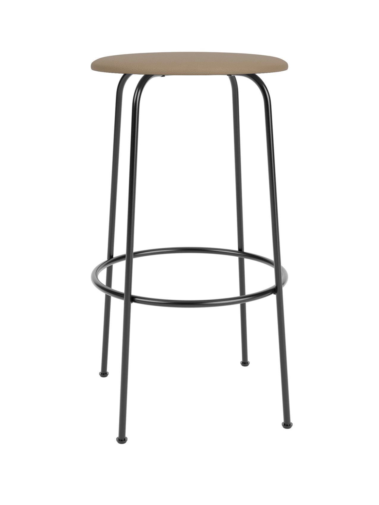 Front view of the Afteroom Bar Stool with a round, stone-coloured leather upholstered seat and a black tubular steel frame.