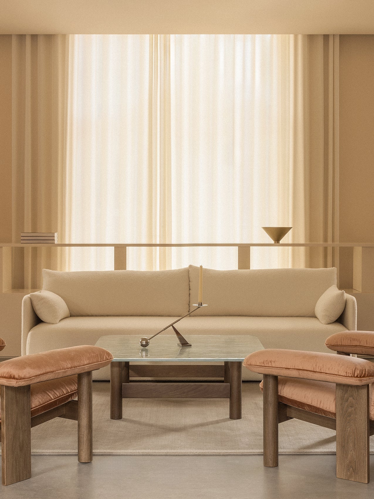 Beige living room with Offset Sofa, Lounge Table, Interconnect Candle Holder, and Brasilia Lounge Chairs.