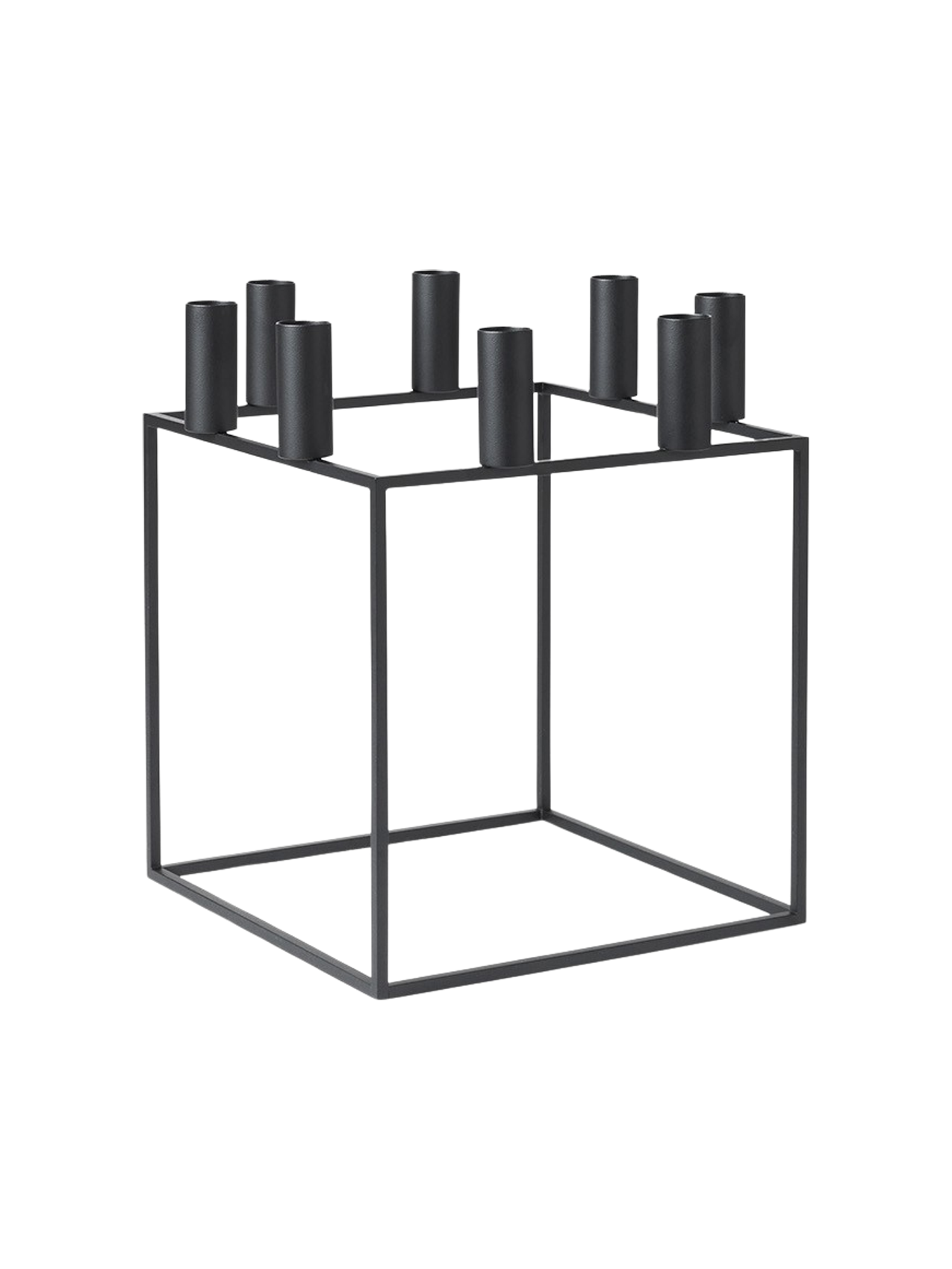 The black metal Kubus 8 candle holder, a minimalist cube frame with eight cylindrical holders for candles.
