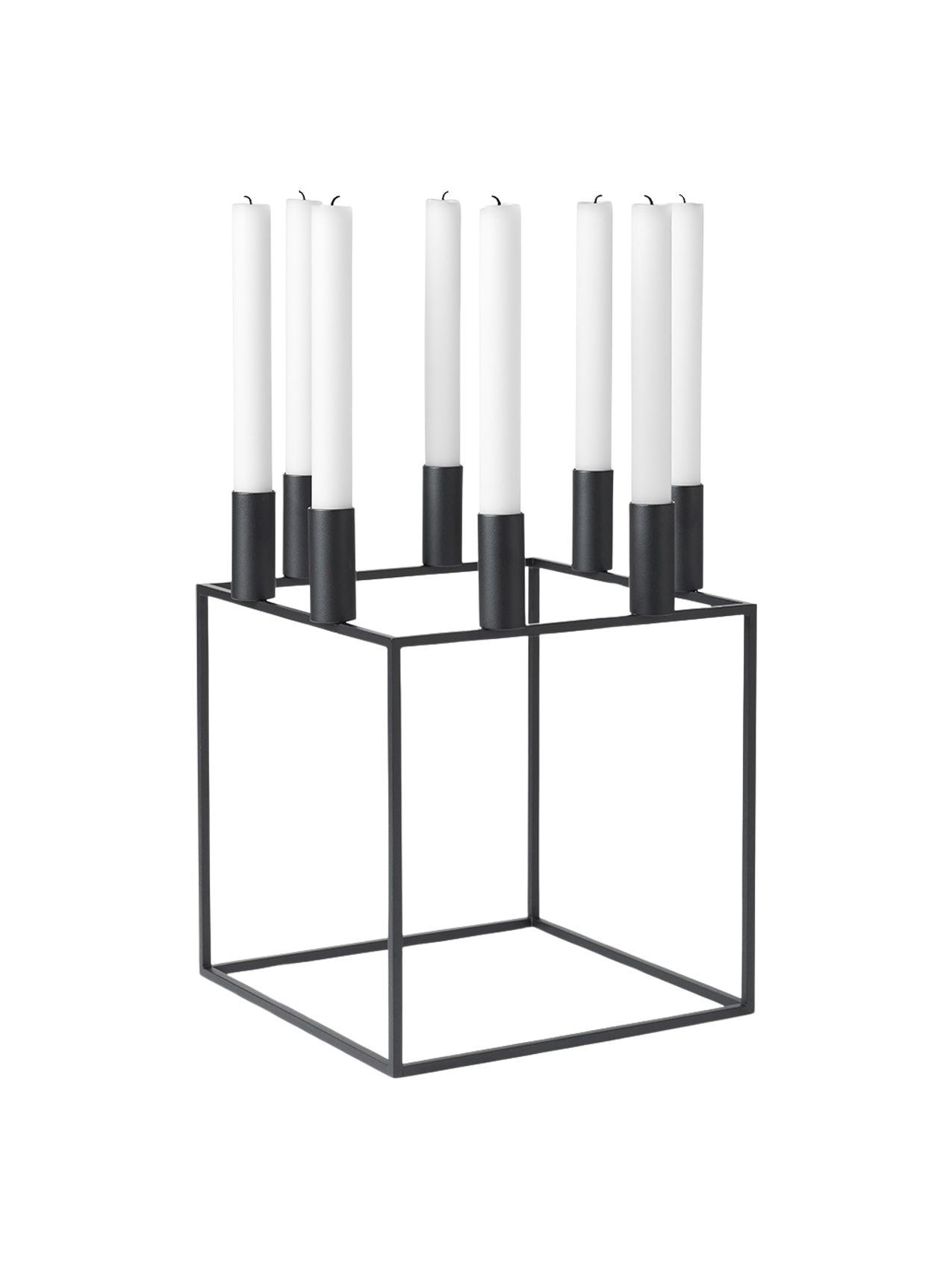 The Kubus 8 candle holder in black, a minimalist, cube-shaped metal frame holding eight tall white candles.