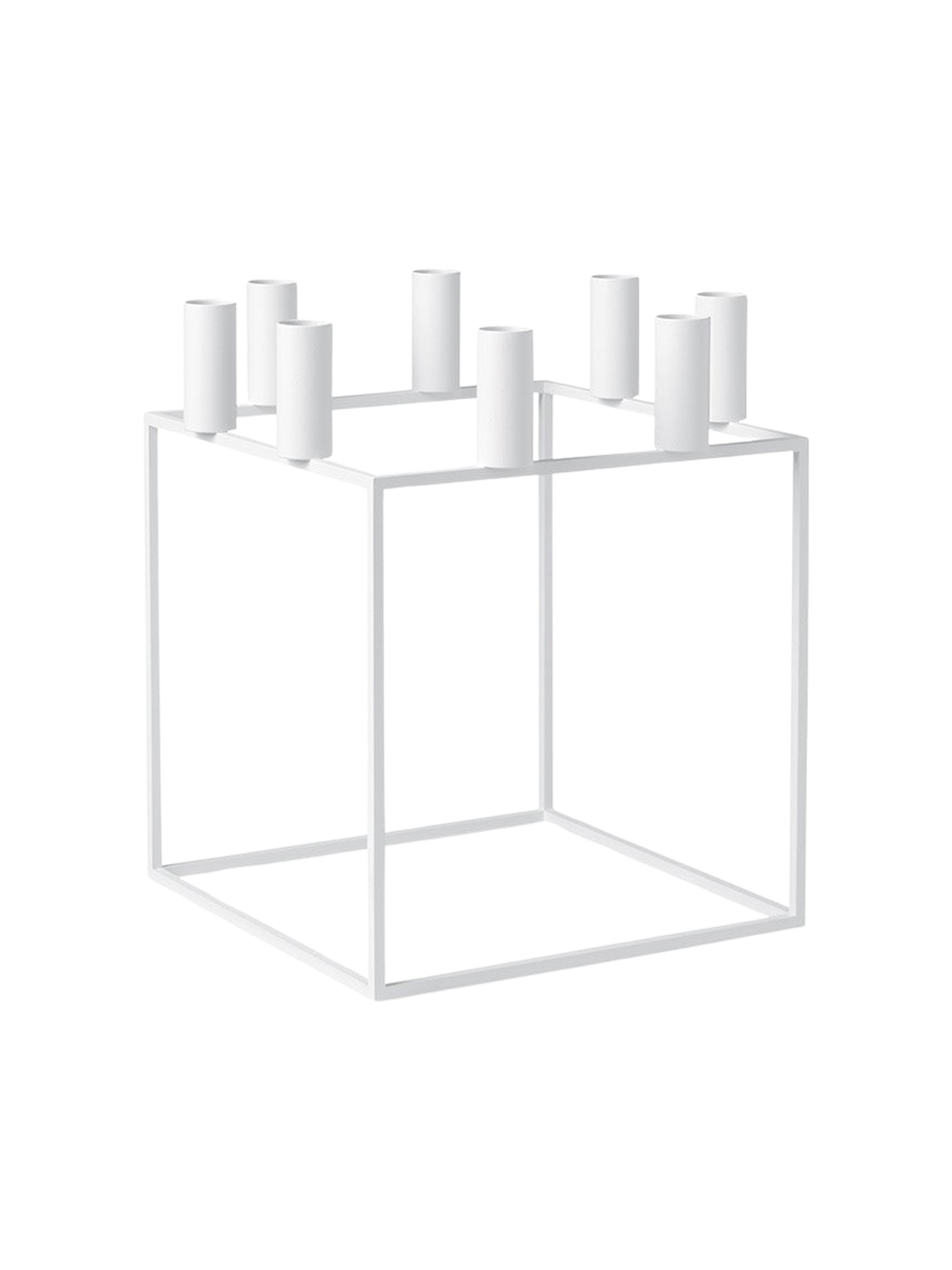 The white Kubus 8 candle holder, a minimalist cube-shaped frame with holders for eight candles, viewed from an angle.