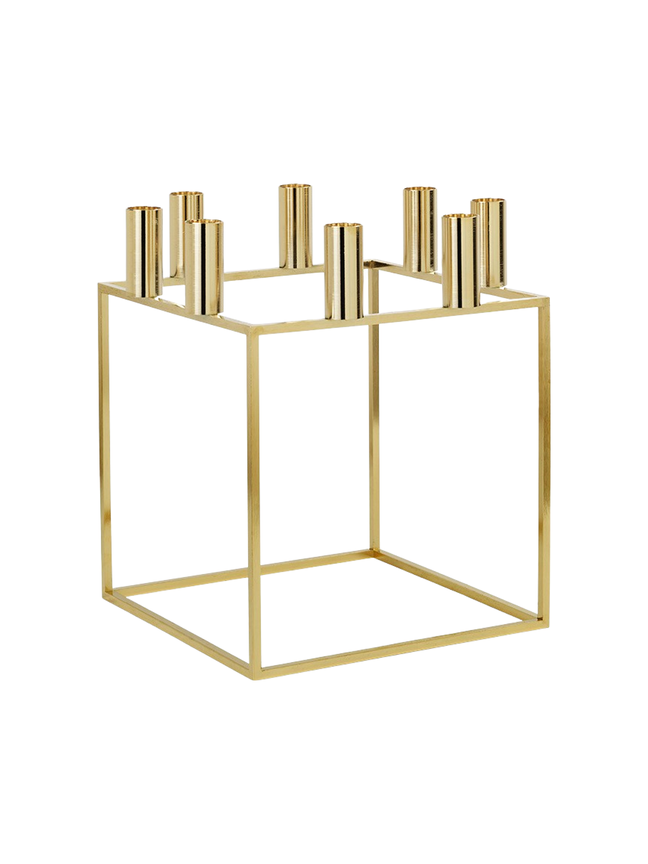 The gold-plated Kubus 8 candle holder, shown from an angle. It has a square, minimalist frame with 8 candle sockets on top.