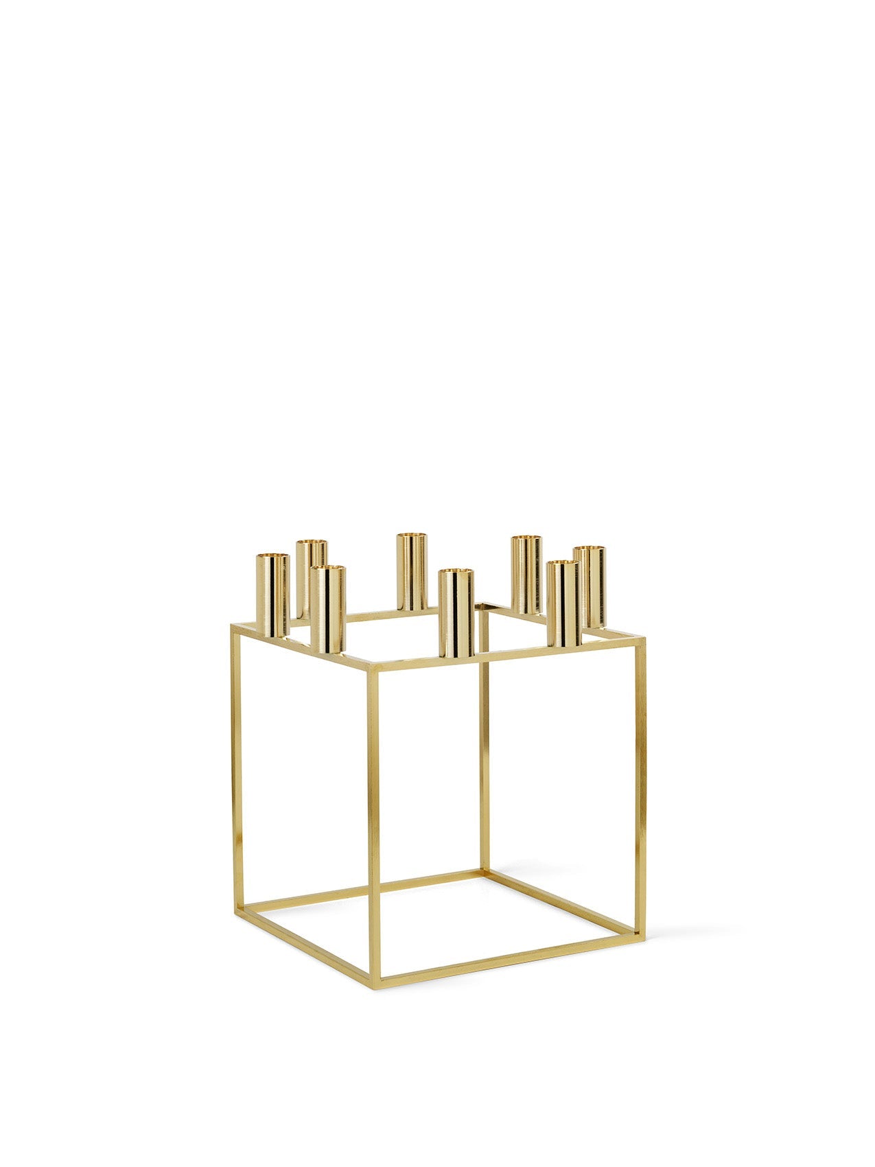 Geometric Kubus 8 candle holder in a gold-plated finish, featuring a square frame and eight holders, on a white background.