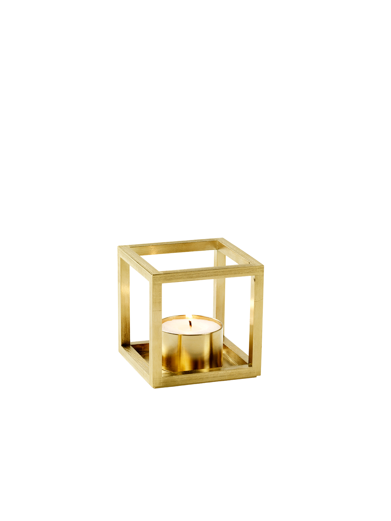 A gold-plated Kubus T tealight holder with a square frame design and a lit tealight candle inside on a white background.