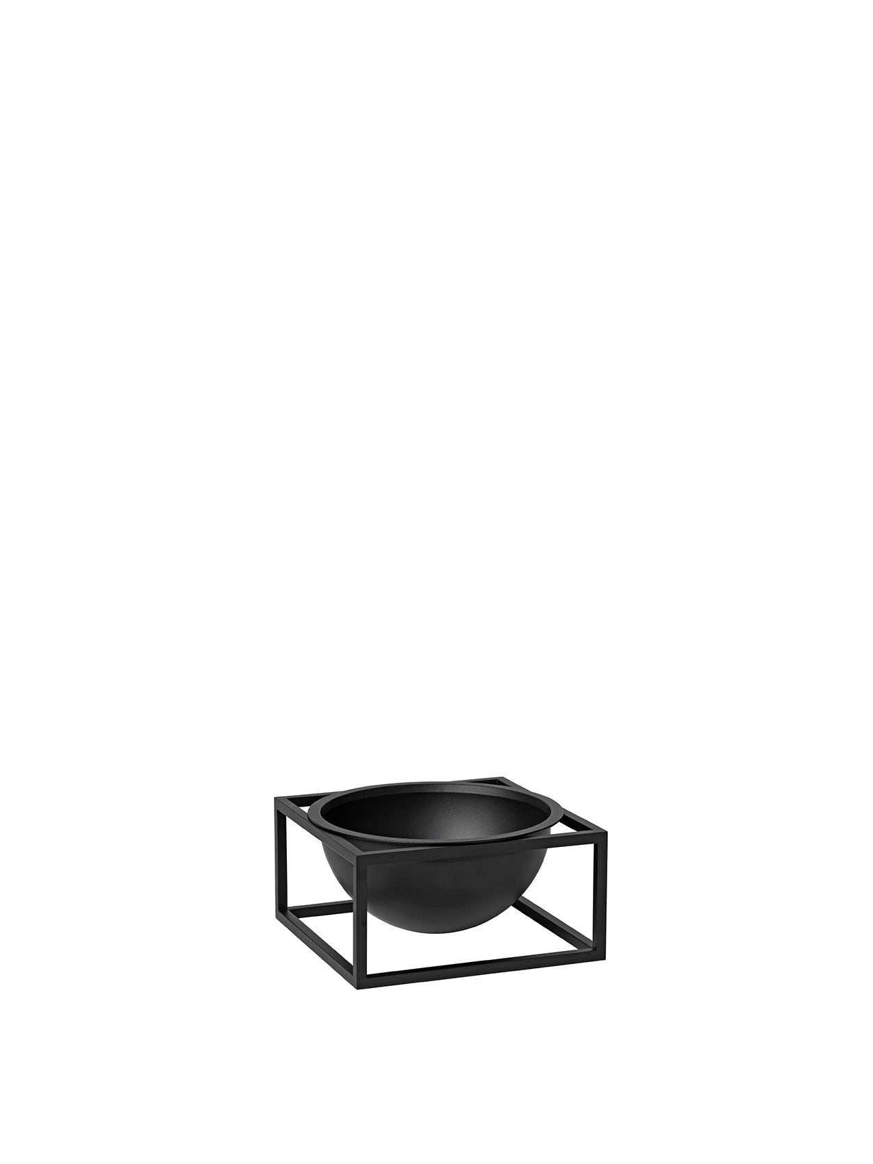 A small, black metal Kubus Bowl Centerpiece with a round bowl sitting inside a square frame, shot against a white background.