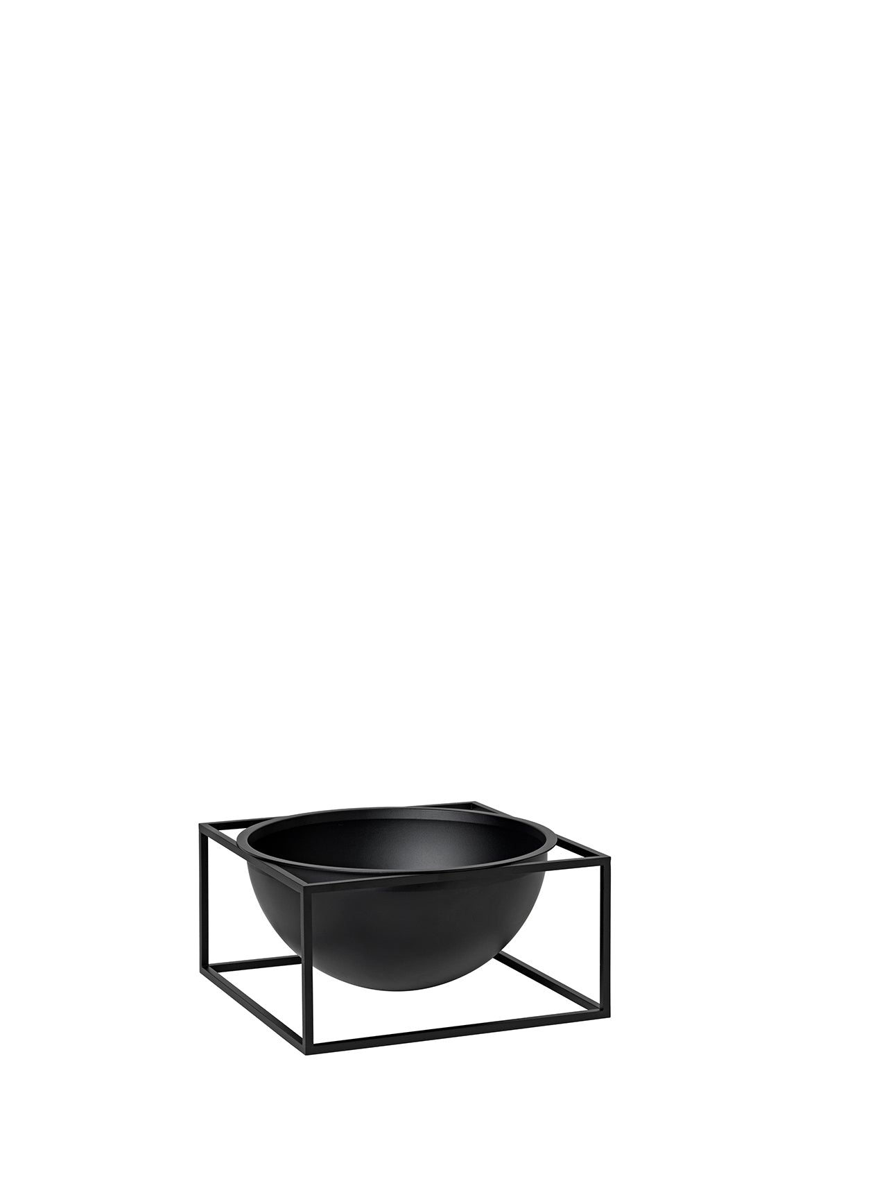 A large, black Kubus Bowl Centerpiece with a distinctive hemispherical bowl resting inside a minimalist, square metal frame