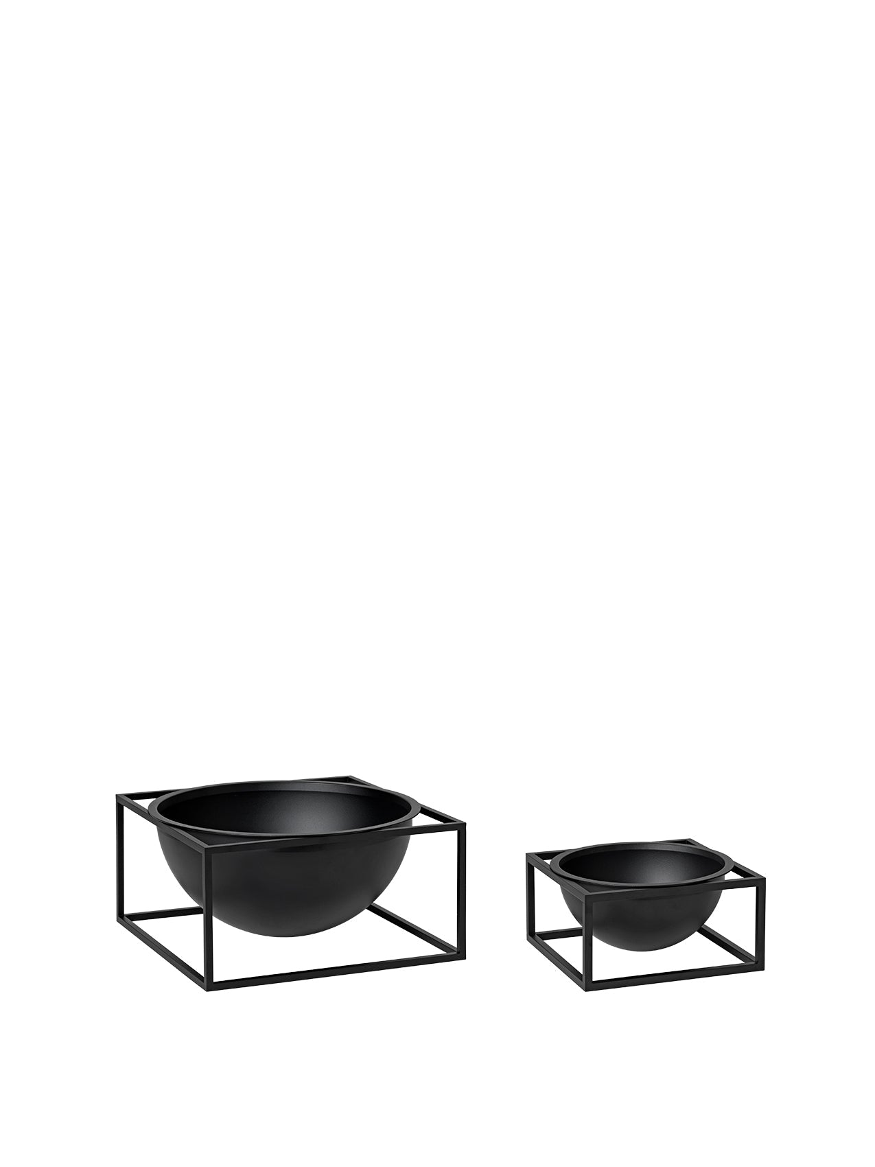 A large and a small black Kubus Bowl Centerpiece, each featuring a round bowl sitting inside a slim, square metal frame.