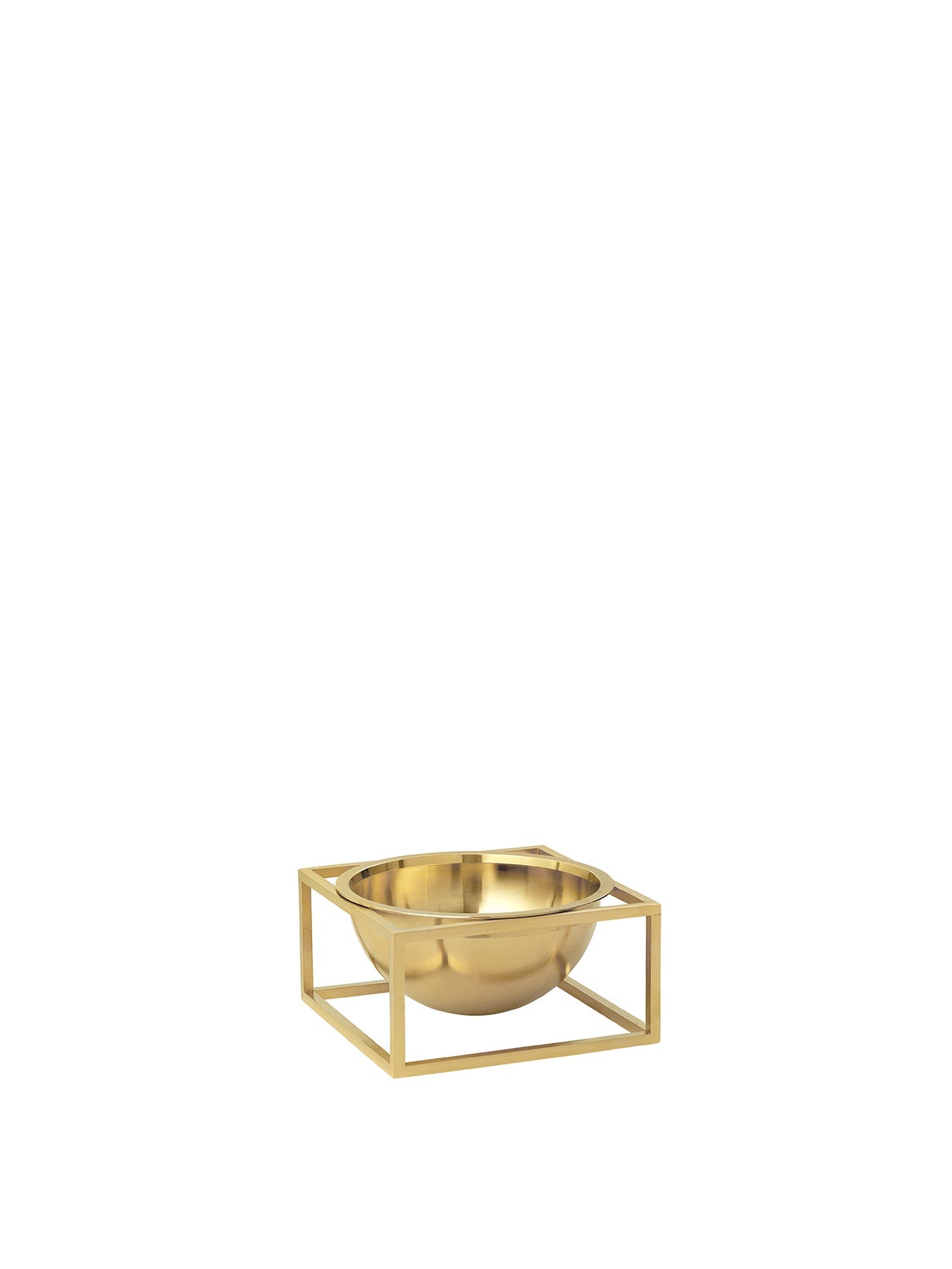 A small, gold-plated Kubus Bowl Centerpiece, featuring a bowl held within a minimalist square frame, on a white background.