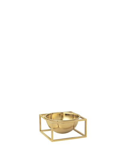 A small, gold-plated Kubus Bowl Centerpiece, featuring a bowl held within a minimalist square frame, on a white background.