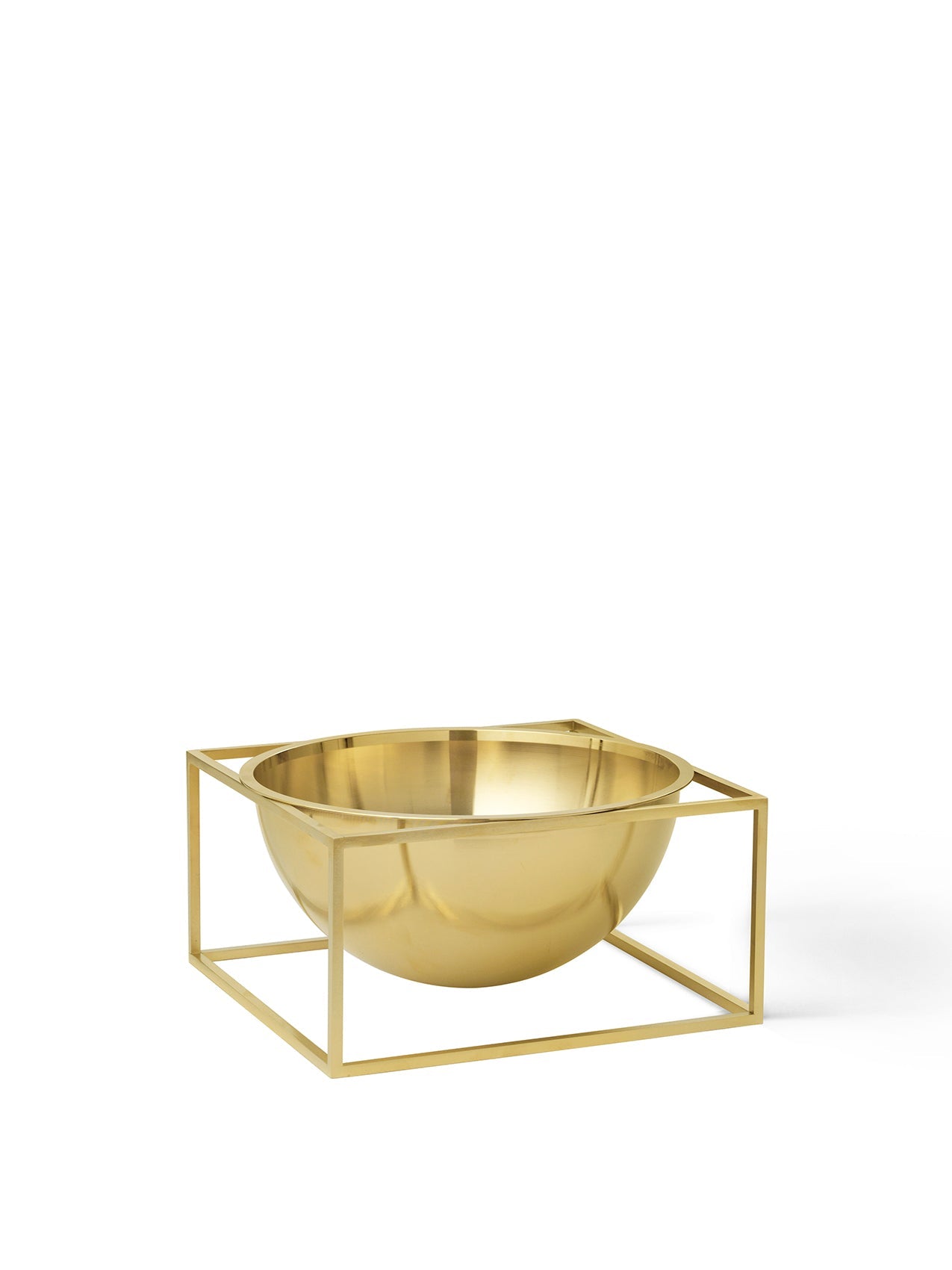 A large, gold-plated Kubus Bowl Centerpiece, a metallic bowl resting inside a minimalist, square frame on a white background.