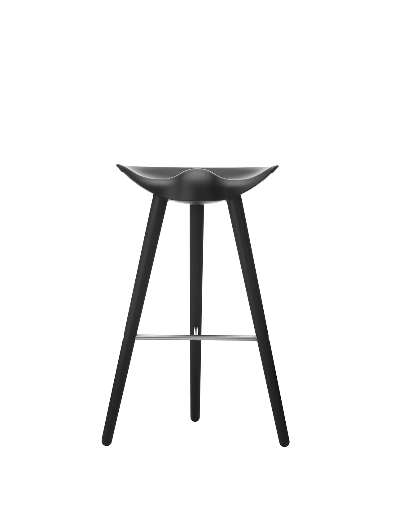 ML 42 Bar Stool in black stained beech. The sculptural stool features a moulded seat, three legs, and a steel footrest.